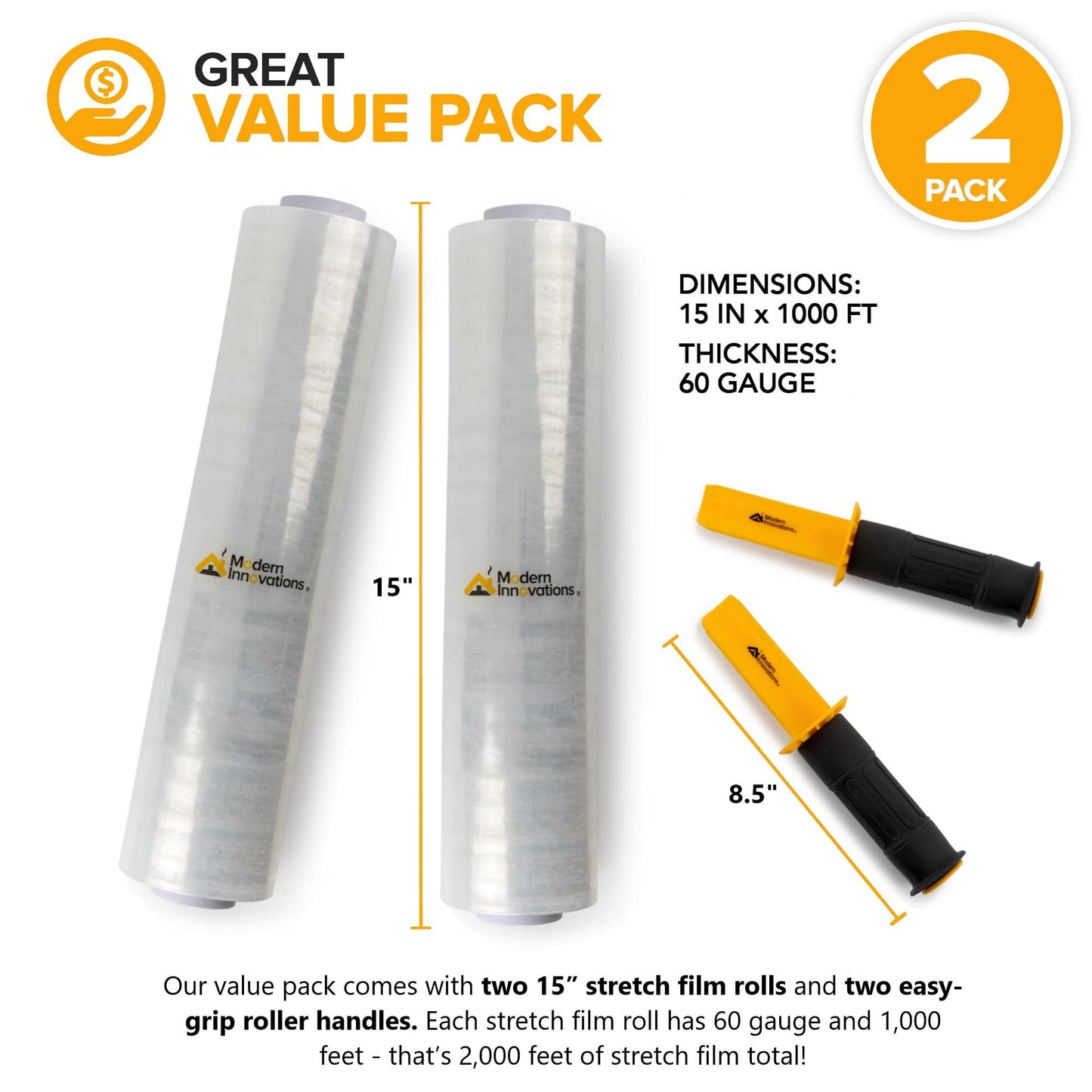 Modern Innovations 15 Inch Clear Stretch Wrap Roll with Handles (2 Rolls-2000 Feet) Heavy Duty Shrink Wrap for Moving, Packing Supplies for Wrapping Furniture, Industrial Plastic Pallet Cling