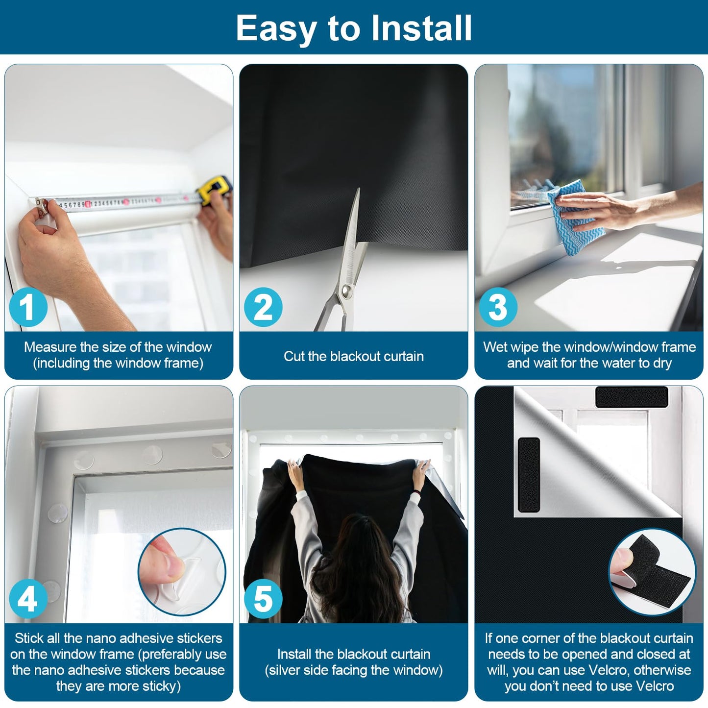 100% Blackout Curtains for Bedroom, Portable DIY Window Blinds, No Drill Window Shades & Blackout Blinds with Stickers & Tabs for Travel, Dorm Room, Media Room (79" x 57")