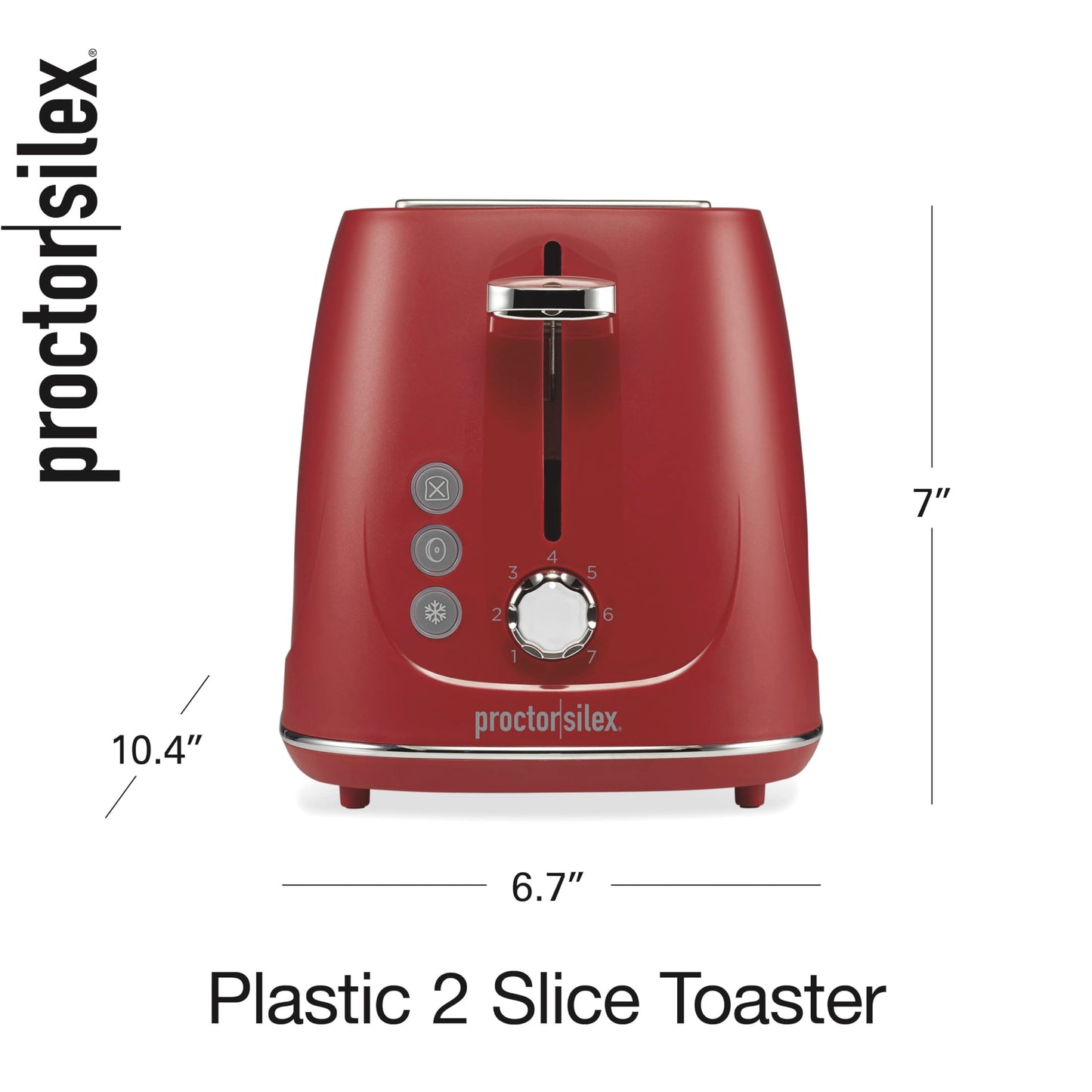 Proctor Silex Plastic 2 Slice Toaster, Bagel, Defrost & Cancel Buttons, Browning Control With 7 Shades, Auto Shutoff, Slide-Out Crumb Tray, Red (22661)