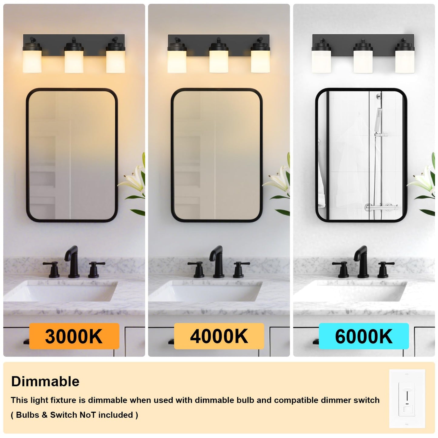 IZORRO Bathroom Vanity Light Fixture, 3-Light 22 Inch Matte Black Bathroom Light Fixtures Over Mirror, with White Glass Shade, Modern Farmhouse Vanity Lights, Rustic Restroom Lighting Fixtures