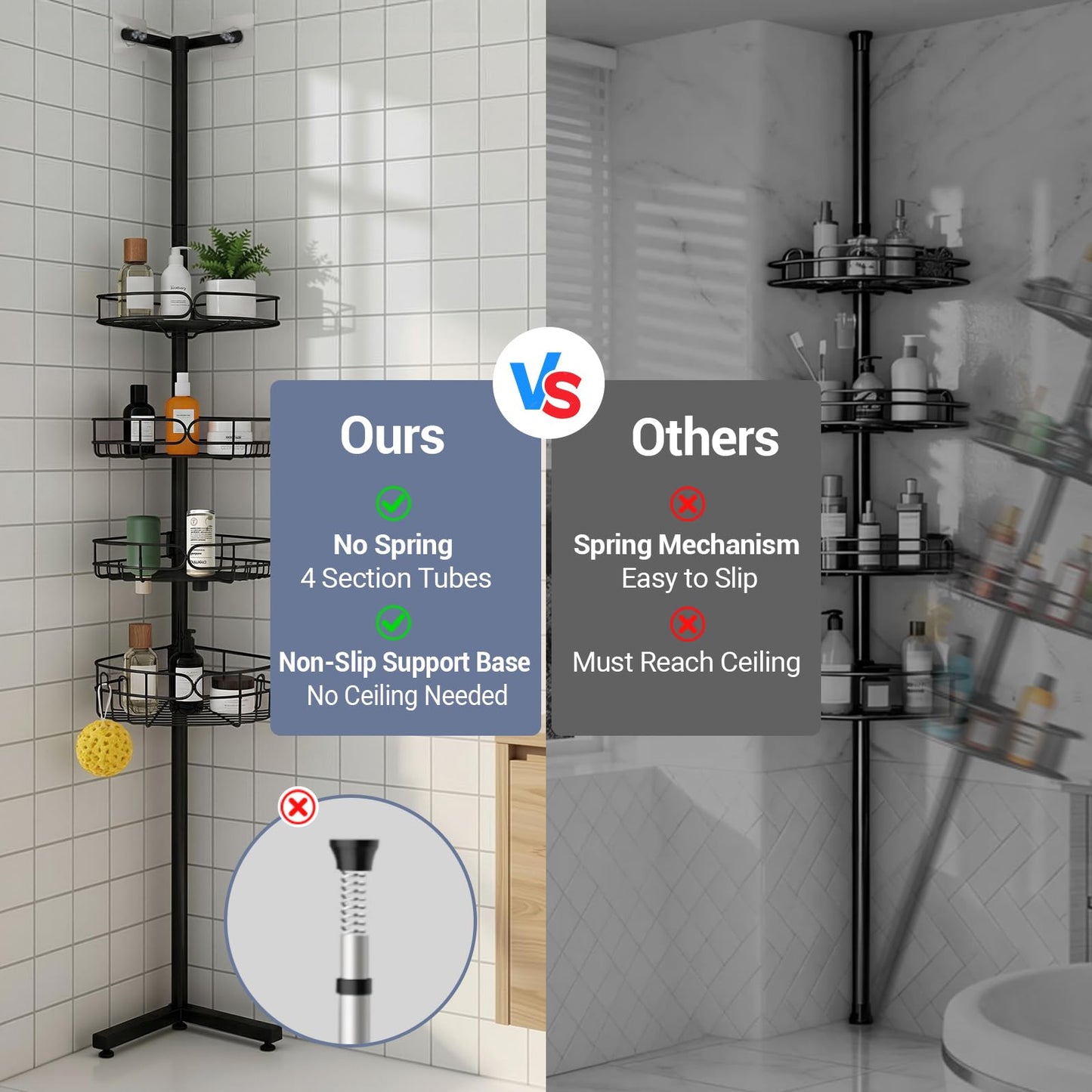 Marovitax Standing Shower Caddy Corner, 4-Tier Adjustable Height Bathroom Organizer, 6-Section Pole, Sturdy Floor Standing Shelf for Shower or Bathtub – No Drilling, No Spring Tension