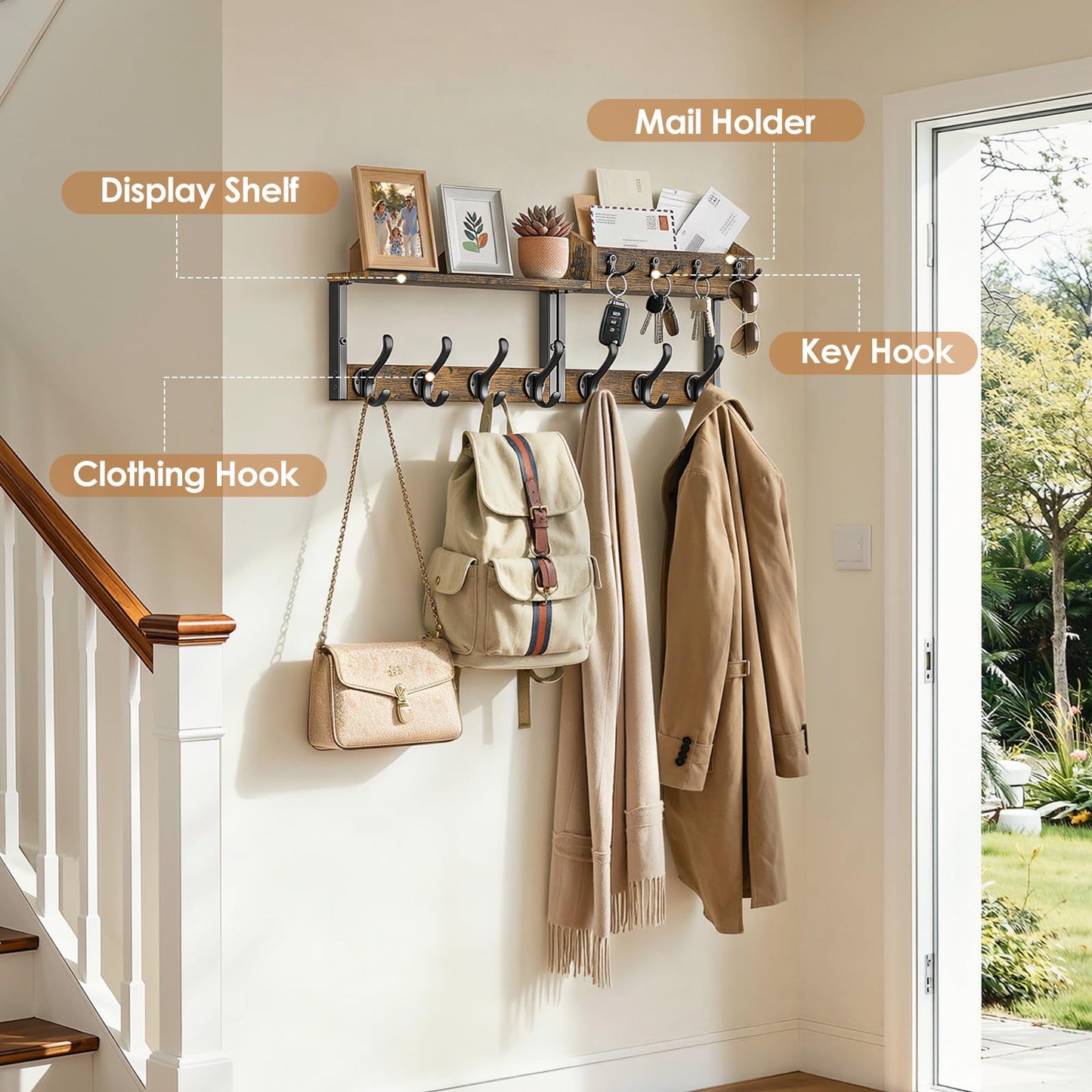 Lewondr Coat Rack Wall Mount with Shelf, 29" Entryway Wall Mounted Shelf with 7 Dual Hooks 4 Key Hooks, Entryway Floating Coat Rack with Mail Holder for Living Room, Bedroom, Vintage Brown
