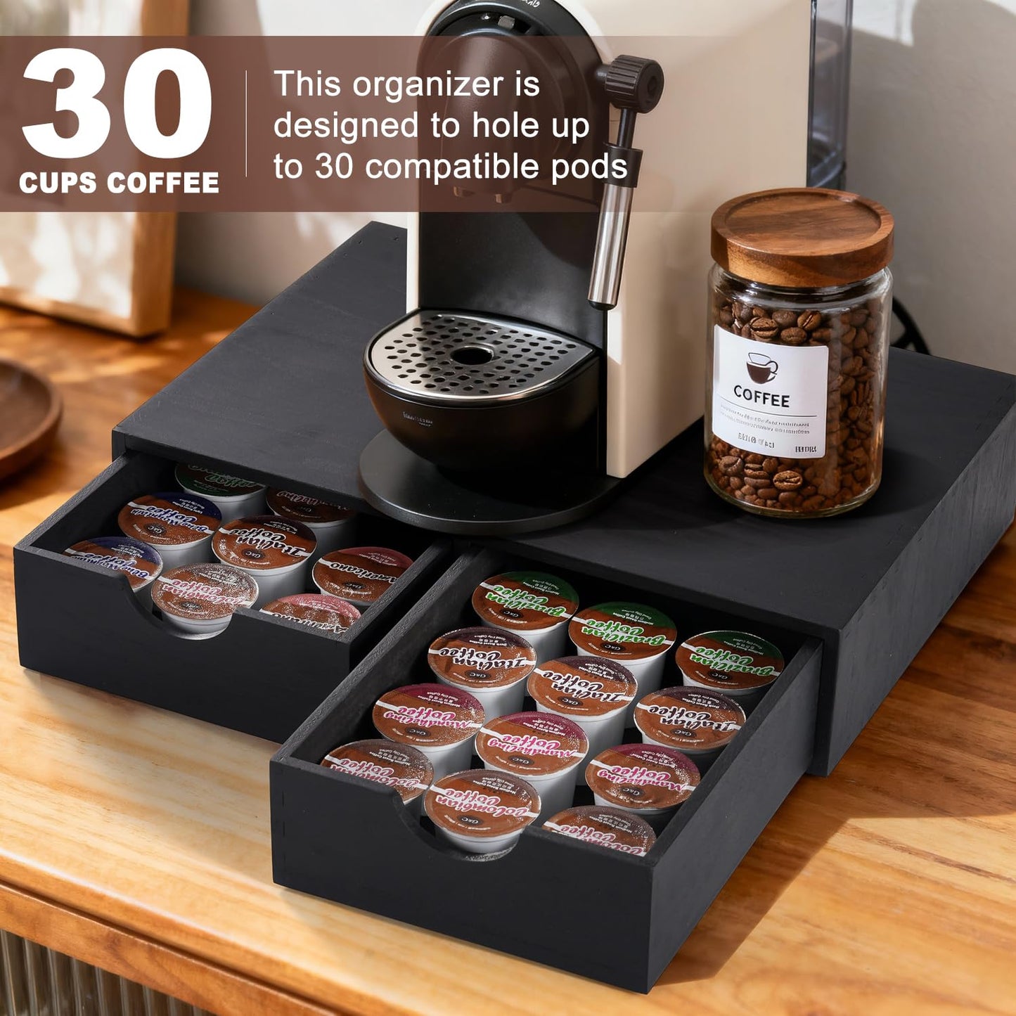 QYJinlida Wooden K Cup Organizer Coffee Pod Storage Box, Coffee Pod and Tea Bag Holder,Kcup Drawer Coffee Maker Stand,Home Kitchen Counter Holds Up to 30 Pods Capacity (2 Drawer) (Elegant Black)