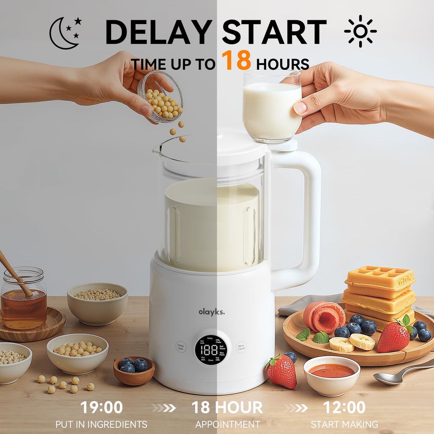 Olayks Nut Milk Maker Machine, 8 in 1 Automatic Soy Milk Maker with 12 Blades, Self-Cleaning, 18 Hours Delay Start for Homemade Oat, Almond Milk, Plant Based Milk, Boil Water, 20Oz