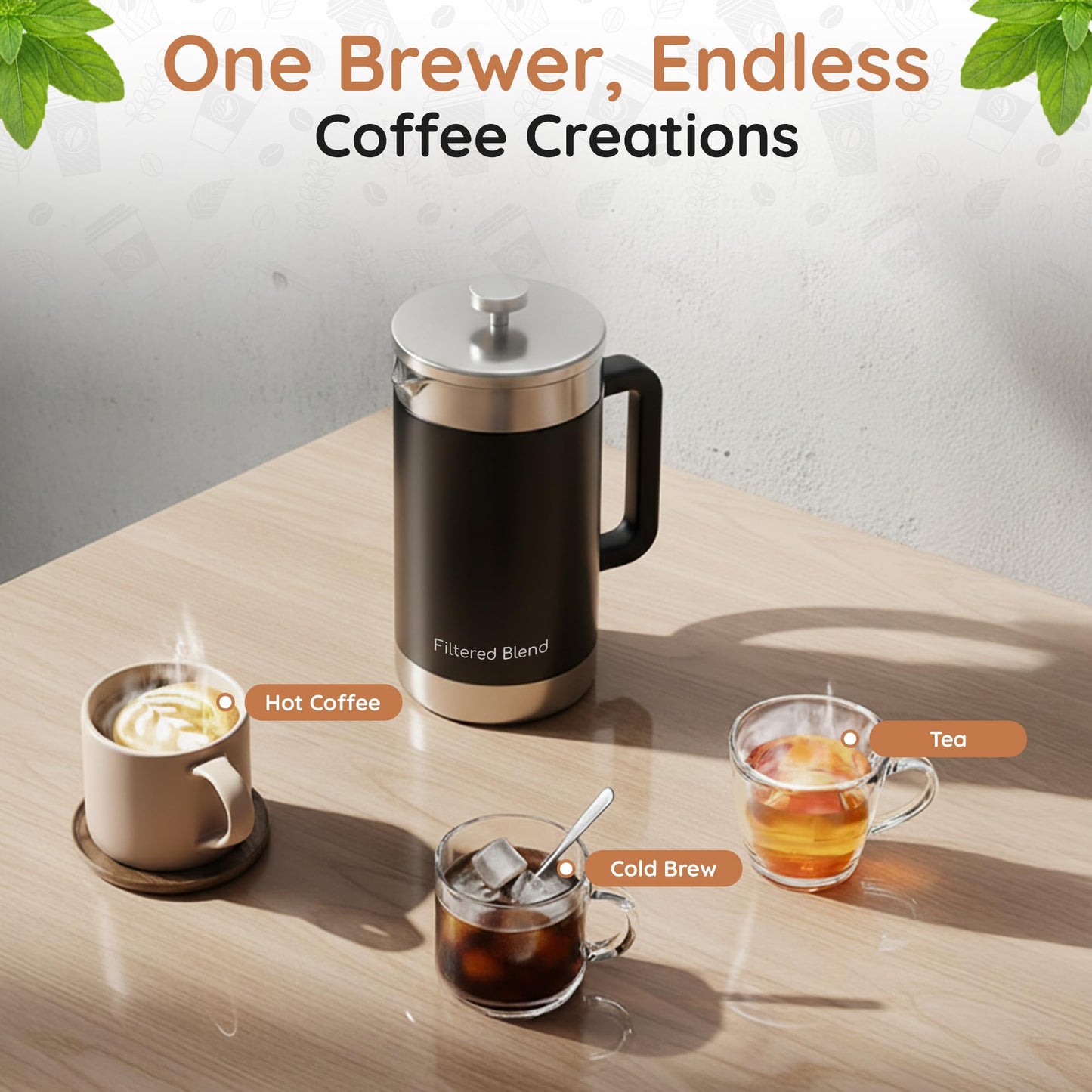 Filtered Blend 1.6L French Press Coffee Maker, 54oz Large Capacity French Press Stainless Steel Brewer with Double Filter Mesh for Kitchen Travel Camping, Hot & Cold Brew Coffee Maker Gifts (Black)