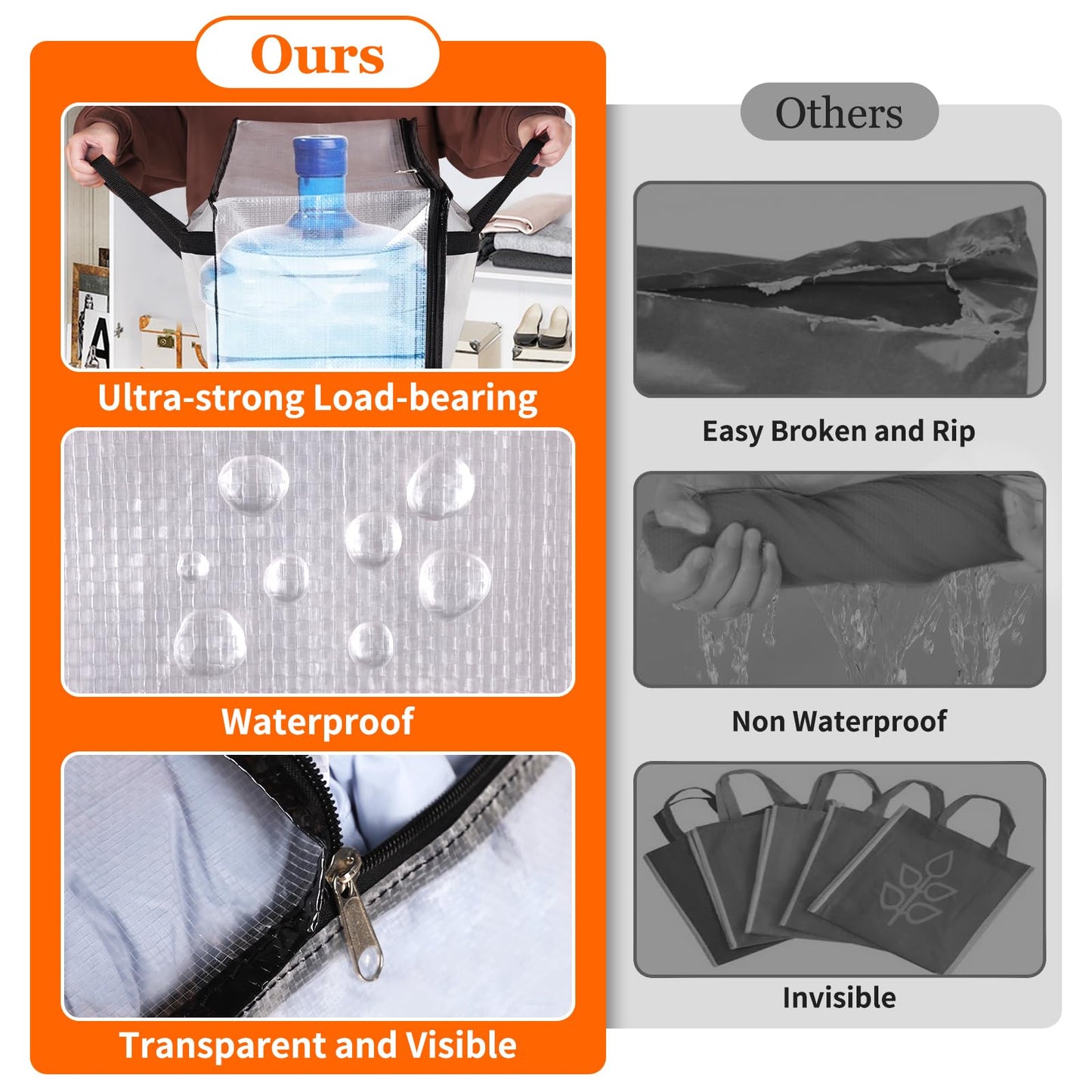 TasticTotes 6 Pack Clear Storage Bags for Comforter, Clothes & Bedding, Plastic Blanket Storage with Zipper and Handle, Moving Bags, Closet Organizer and Under-Bed Storage (60L)