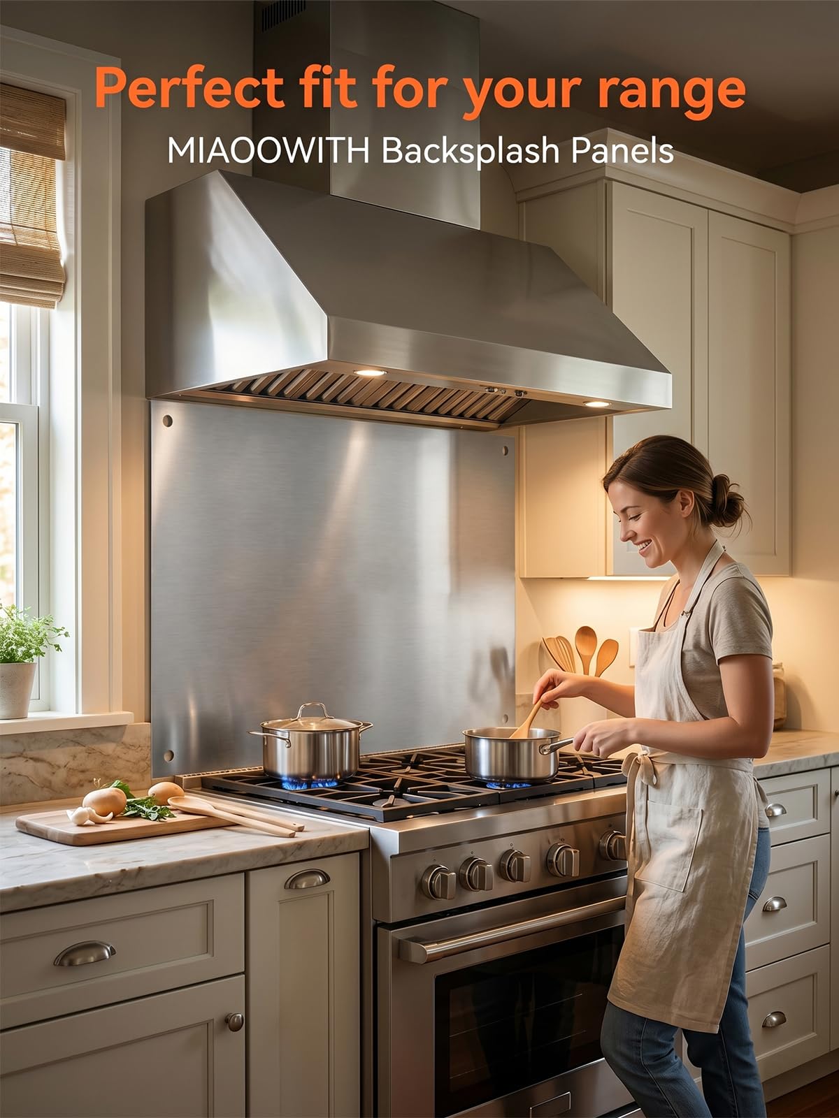 MIAOOWITH Stainless Steel Backsplash for Stove,36 x 24 Inch 304 Steel Splatter Guard for Kitchen Wall,Film-Free Out of Box,Heat Resistant Range Hood Backsplash Panel with Pre-Drilled Holes