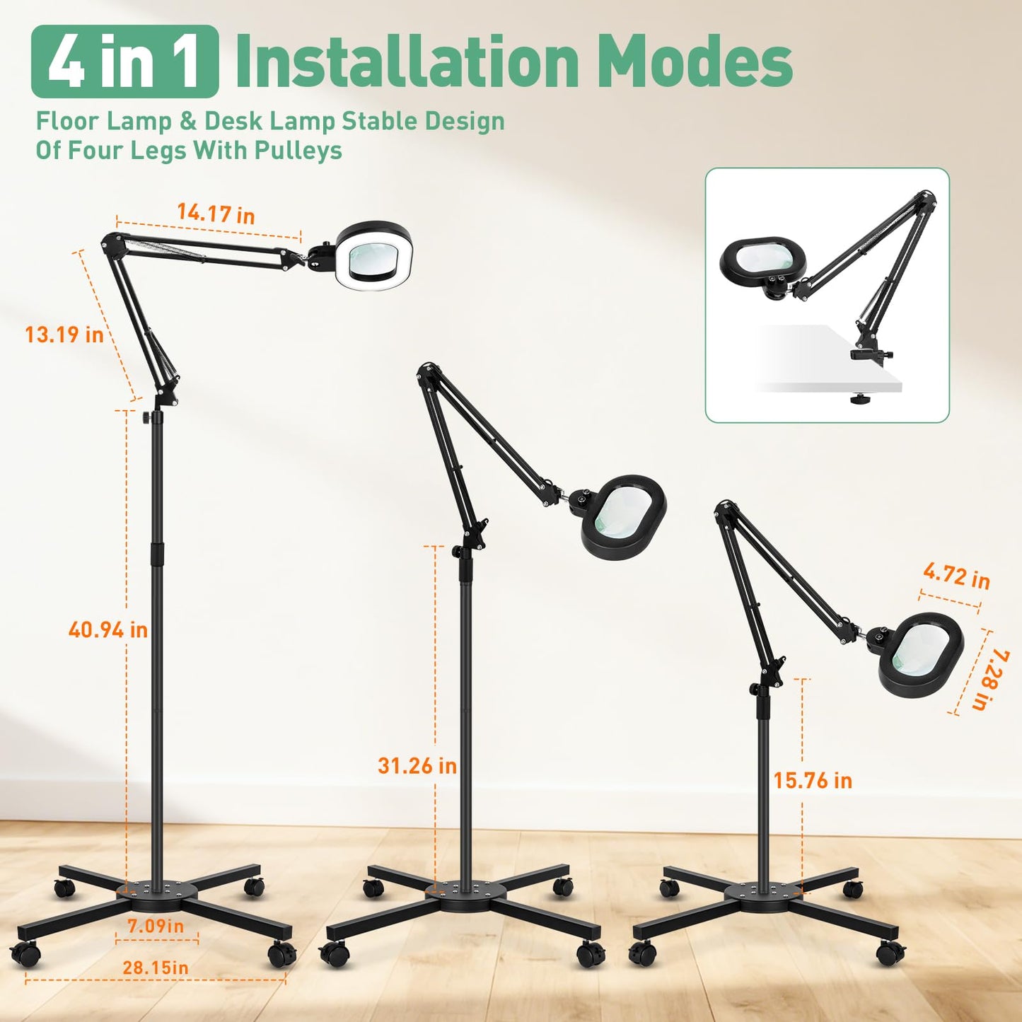 KMDES 12X Magnifying Floor Lamp, 2 in 1 Lighted Magnifier Glass with Light for Workbench, Craft, Sewing, Esthetician, Reading, 3 Axis Rotation Infinite Color Dimmable, 4 Wheel Stable Stand Base Black