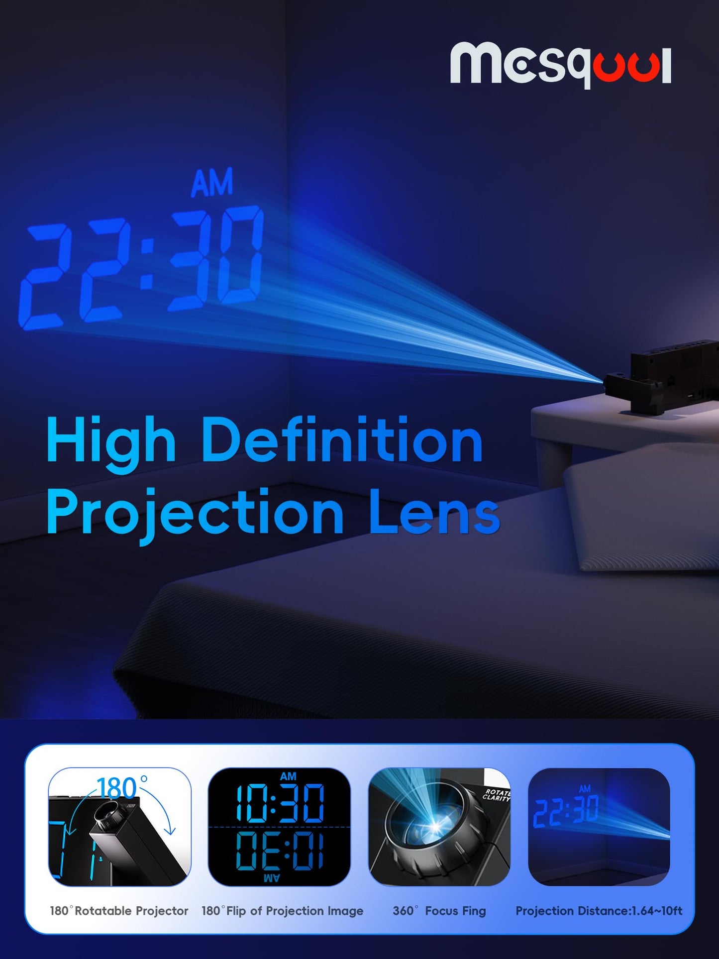 Mesqool Projection Alarm Clock with Bed Shaker, Dual Alarms, 180° Projector, 5-Level Dimmer, USB Phone Charger, Battery Backup, Loud Vibrating Alarm Clock for Heavy Sleepers, Snooze, DST