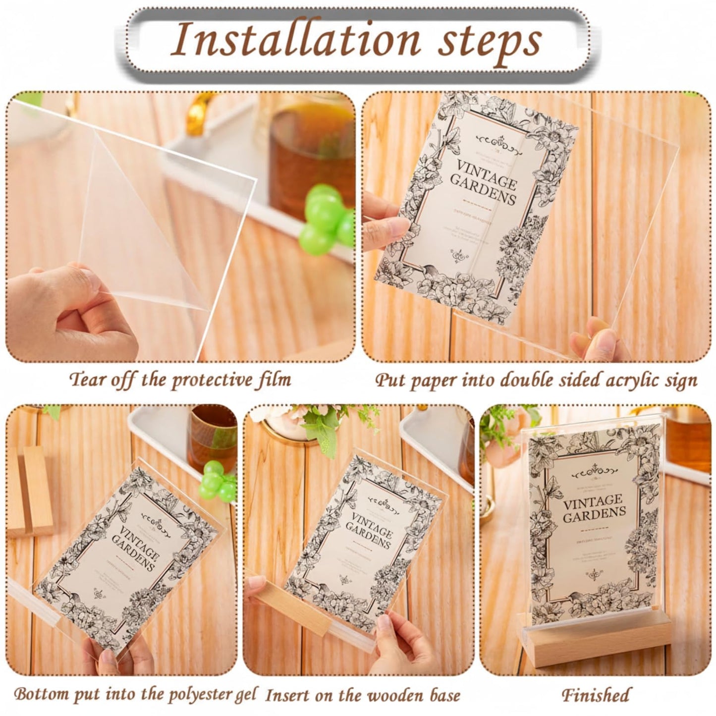 Vinsot 16 Pack 4 x 6 Inch Clear Acrylic Sign with Wood Base T Shape Sign Holder Vertical Blank Stands Desktop Display Plastic Menu Frame Double Sided Flyer Stand for Wedding Restaurant Party Decor