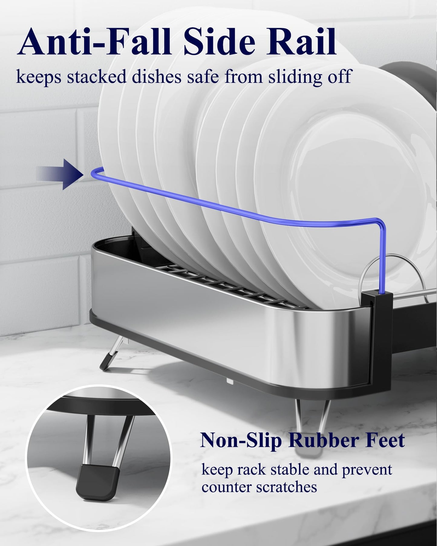 Kitsure Dish Drying Rack - Expandable Stainless Steel Dish Racks for Kitchen Counter, Auto-Drain Drying Rack for Kitchen with Cutlery Holder & Non-Slip Feet, 16.1-26.6" L x 12.6" W, Black