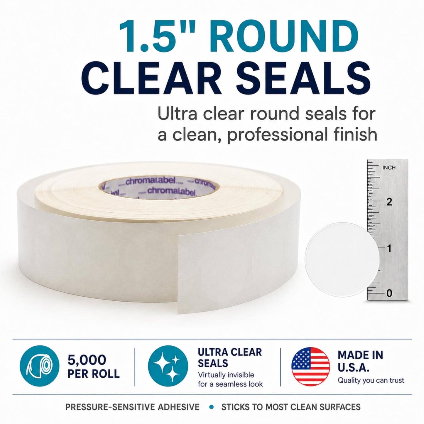 ChromaLabel 1.5 Inch Ultra Clear Wafer Seals, Transparent Circle Stickers for Packaging, Mailing, Envelopes, Gift Bags, Retail Bags, Product Boxes, 5,000/Roll, 3 Inch Core