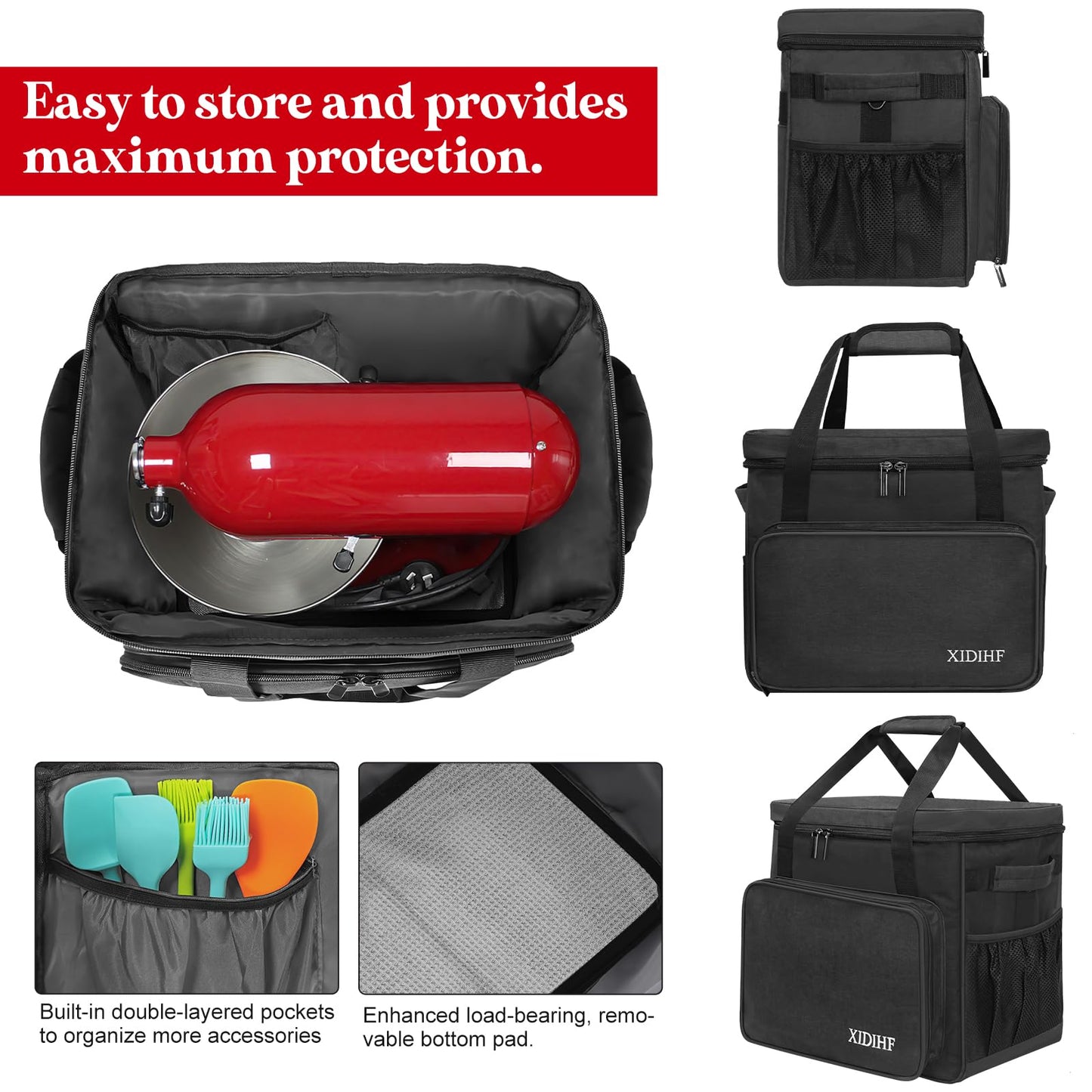 XIDIHF Stand Mixer Bag for KitchenAid 4.5–5 Qt, Portable Storage & Travel Carrying Case with Accessory Pockets – Black