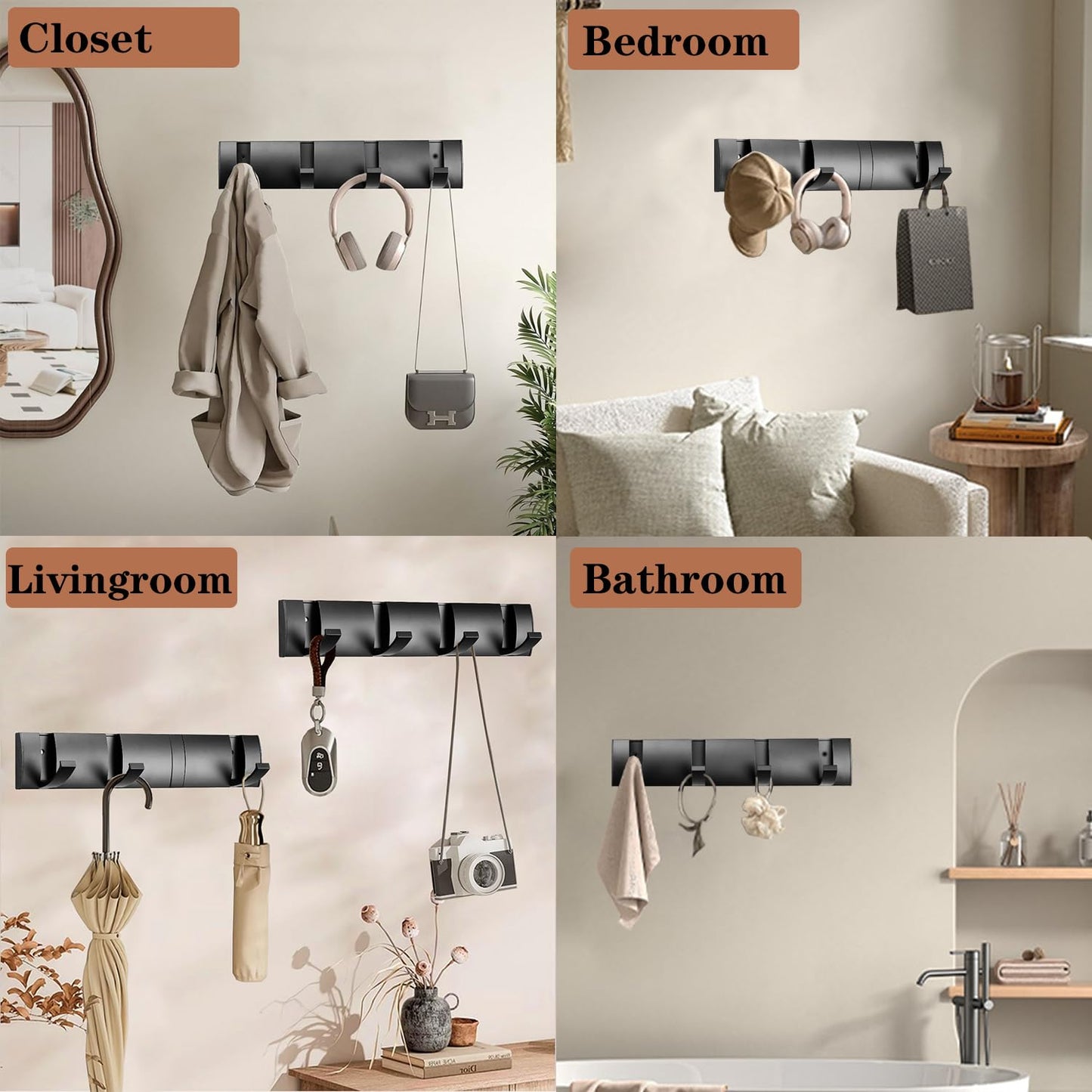 Vanloory Folding Coat Hooks, Wall Mounted Coat Rack with 8 Retractable Hooks, Heavy Duty Towel Rack for Bathroom Wall Hook for Hanging Clothes Bathrobe, Stainless Steel Coat Hanger for Entryway(Black)