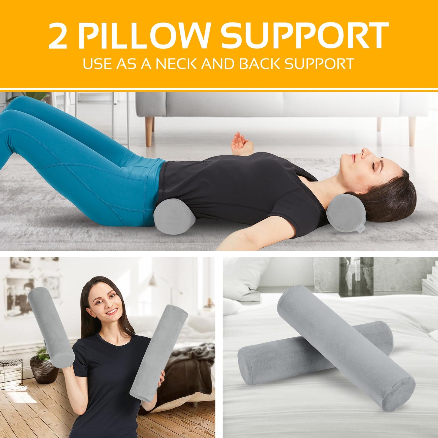 AllSett Health 2 Pack Neck Roll Cervical Pillow for Neck Pain Relief - Memory Foam Neck Pillow for Bed | Round Neck Pillows for Sleeping | Bolster Pillow for Bed, Legs and Back