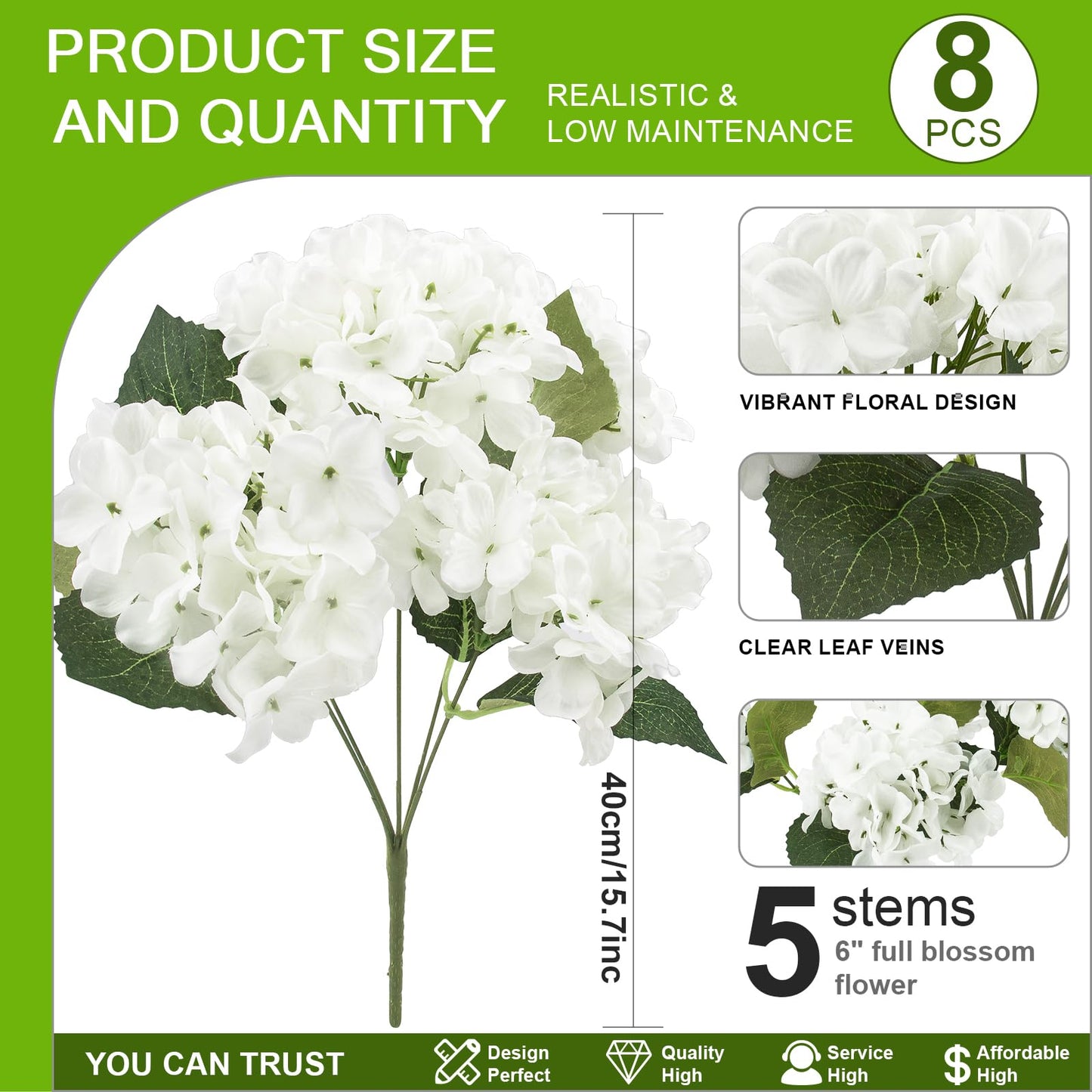 8 Pcs Hydrangea Artificial Flowers Outdoor Silk Bouquets, UV Resistant Faux Hydrangeas Flowers for Table Vase Centerpieces Outside Party Wedding Baby Shower Home Indoor Outdoor Decor (8, White)