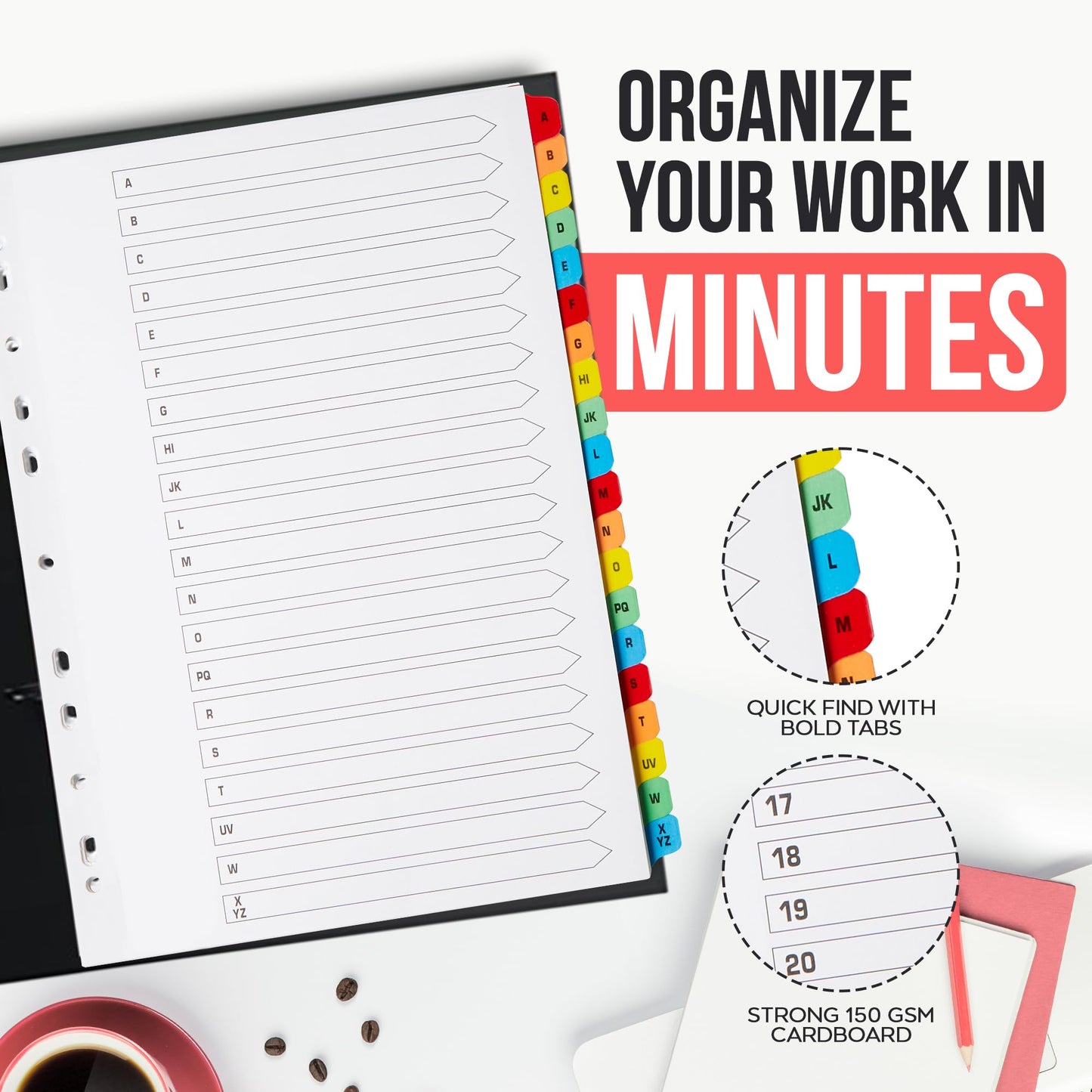 [5 Pack] A-Z Binder Dividers with Tabs A4 | Alphabet Dividers for 3 Ring Binder | Perfect for Organizing Pages in 3 Ring Binder Dividers with tabs, Each Set Includes Tab Dividers | The Paper Shop