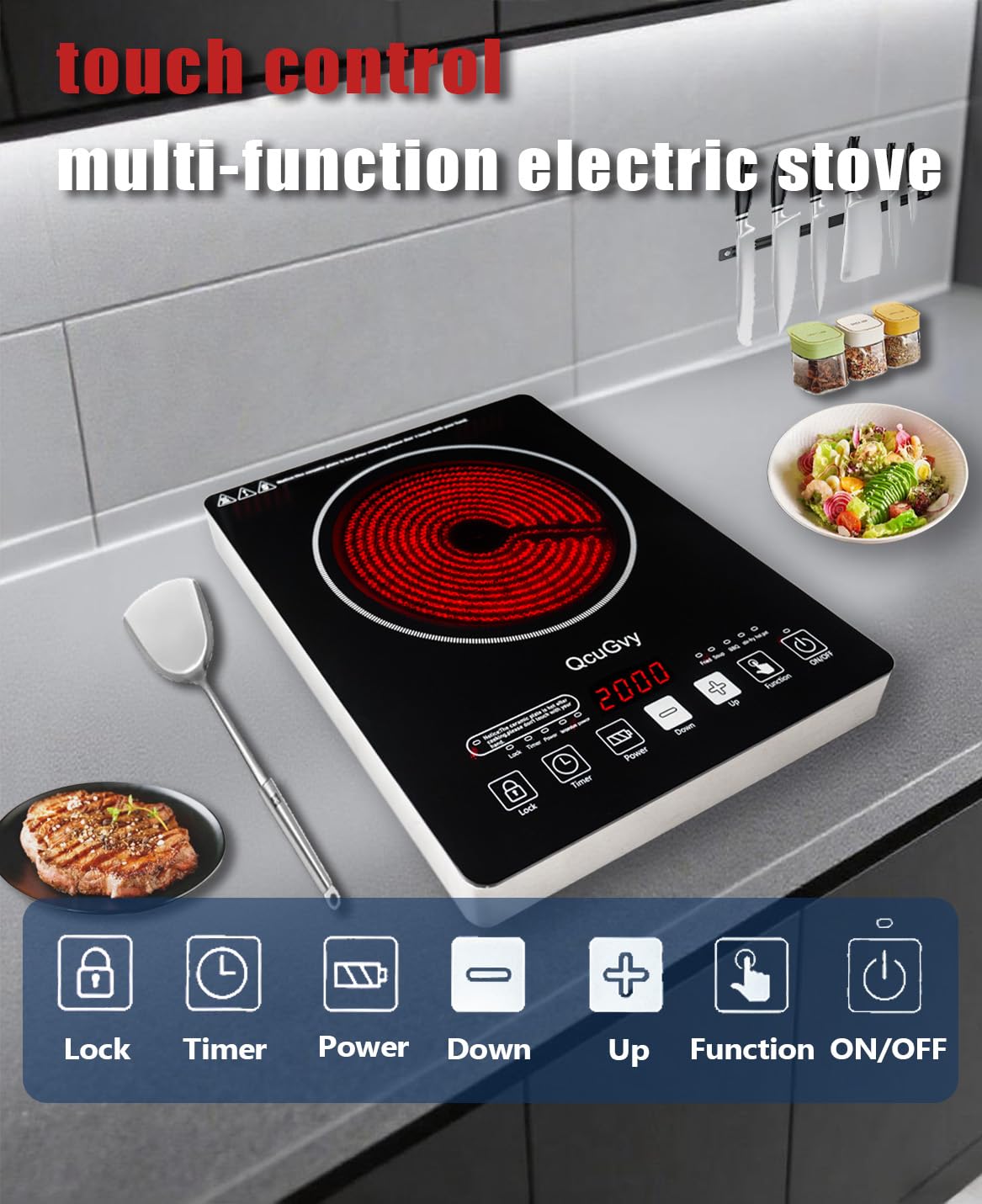 Portable Infrared Burner 2000W Electric Burner with 3 Hours Timer-Electric Hot Plate Touch Control Panel Adjustable Heating Power Glass Plate Electric Cooktop for Cooking (Black 2)
