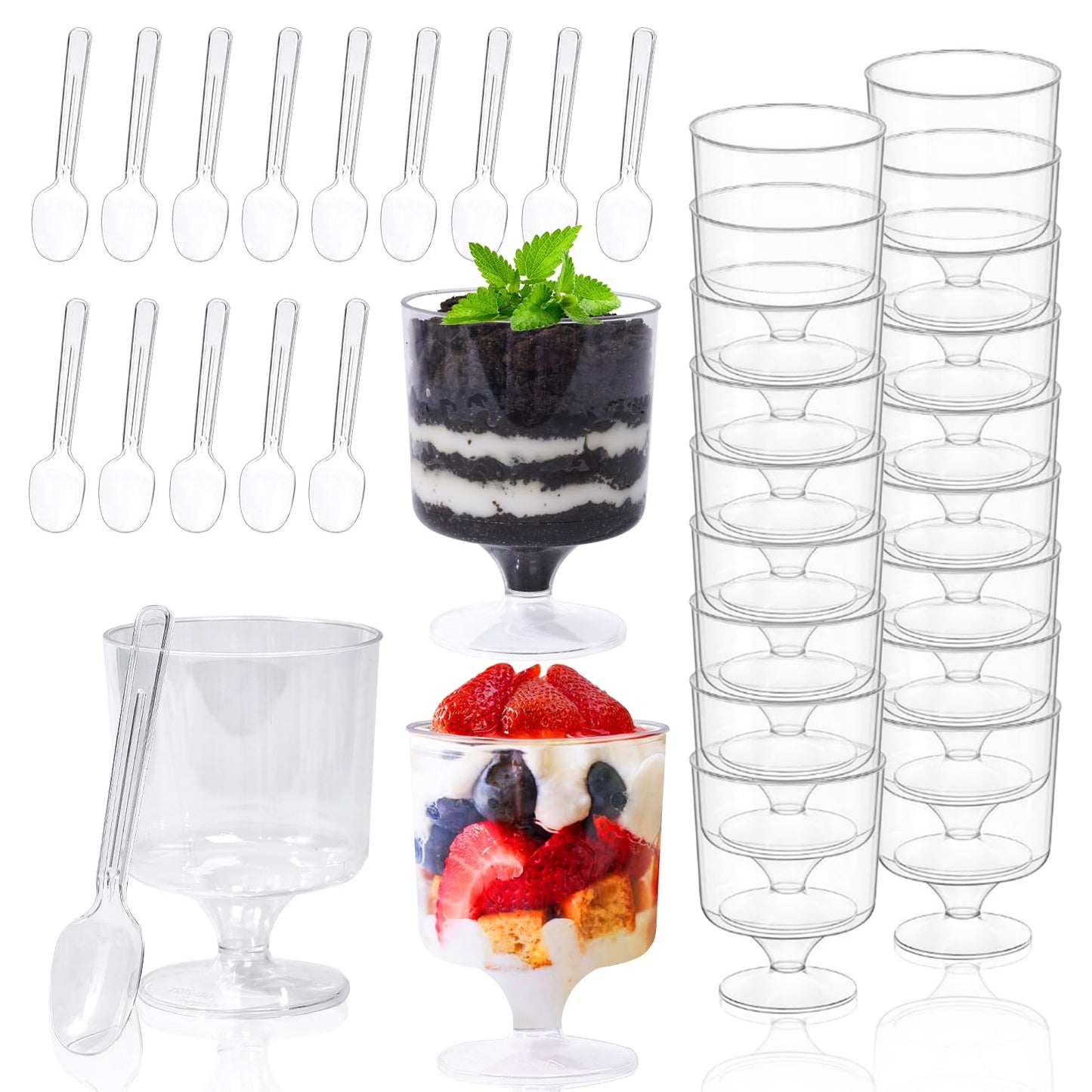 Fracurs 120 Pack Plastic Dessert Cups Set 60 Pcs 5Oz Clear Mini Parfait Cup with 60 Spoons for Party, Disposable Round Serving Golblet Wine Shot for Pudding, Fruit, Yogurt, Ice Cream, Appetizer Bowl