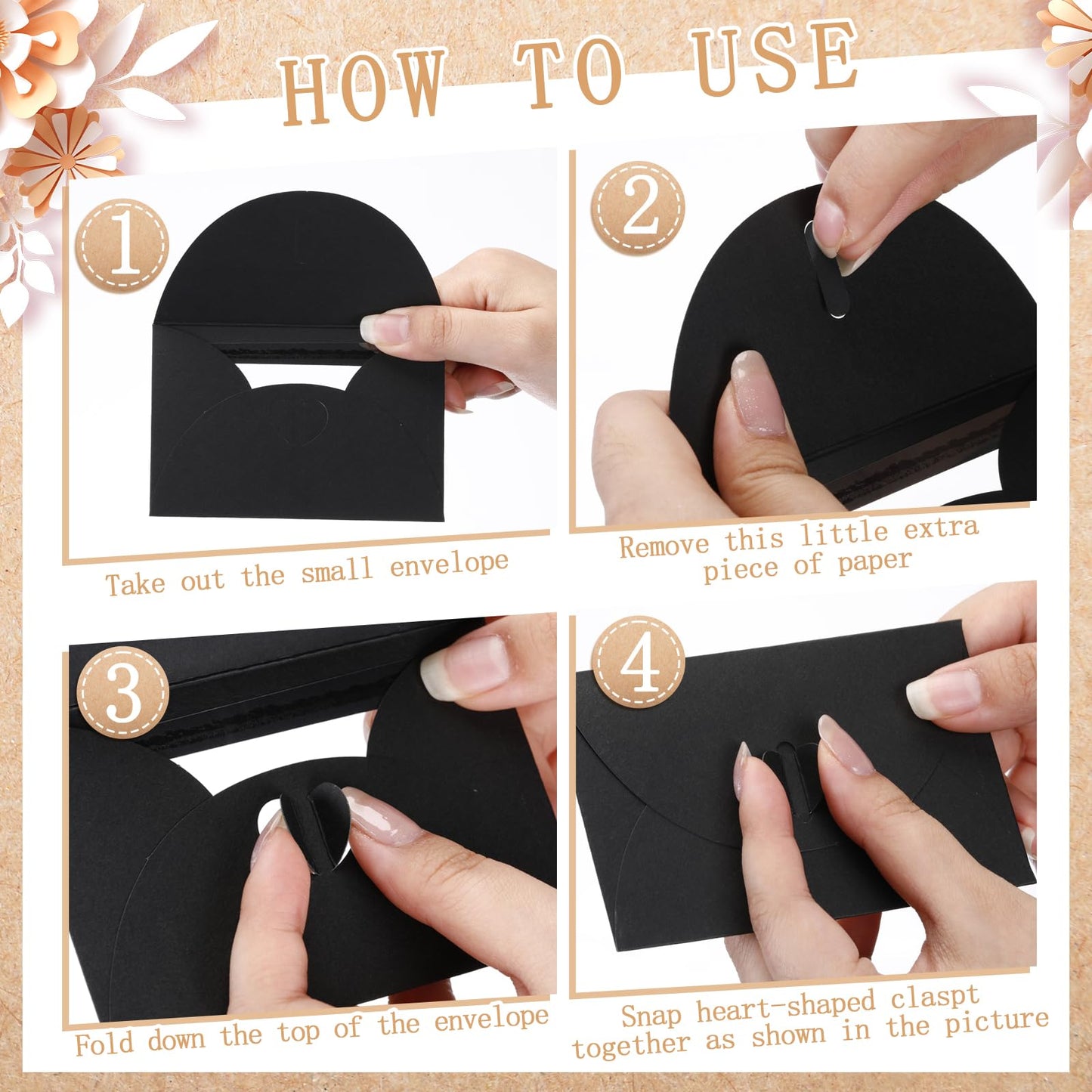 Uiifan 300 Pcs Window Gift Card Envelopes 4 x 2.8 Inch Gift Card Sleeves Mini Envelopes with Heart Shaped Clasp for Business Party Greeting Invitation(Black)