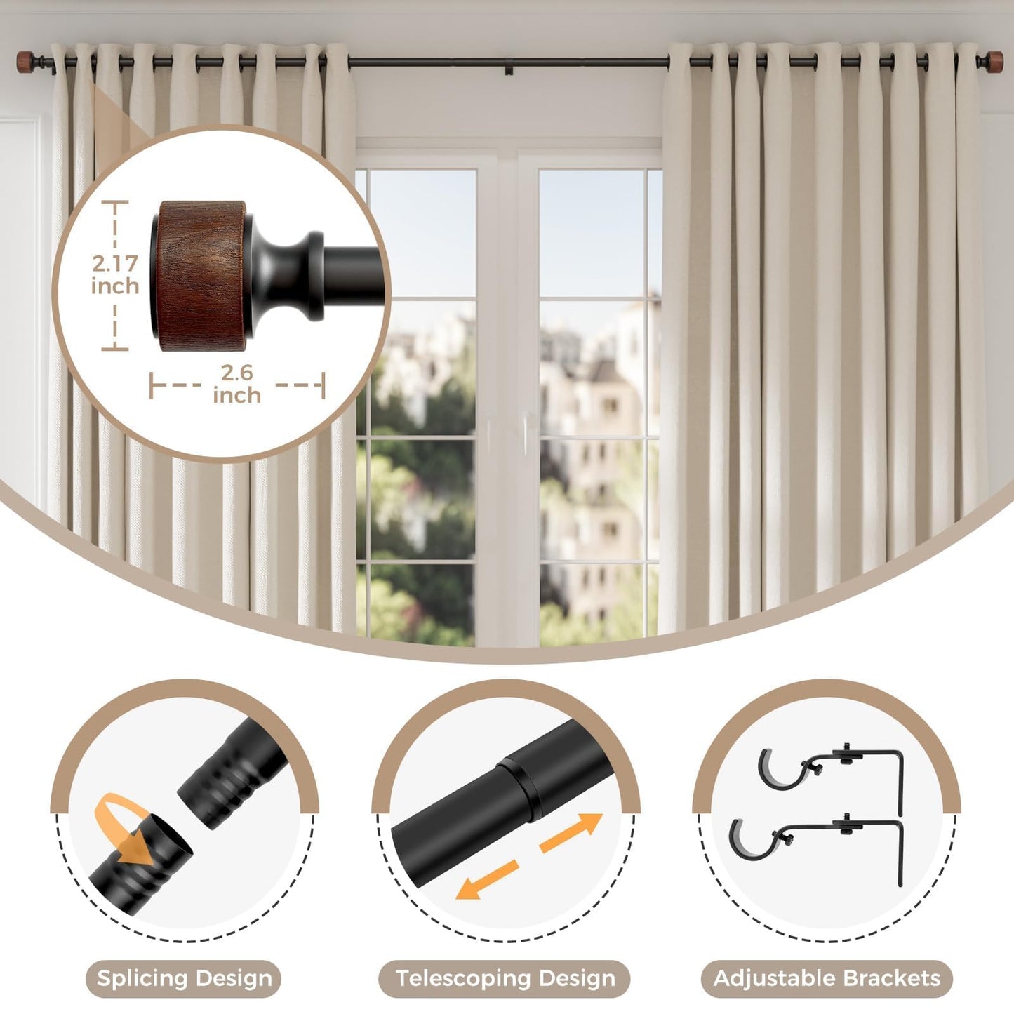 MARHSIPE Wood Curtain Rods for Windows 48 to 84 Inch, 1” Diameter Drapery Rod with Imitation Wood Grain Finials, Adjustable Heavy Duty Curtain Rod Set, Indoor/Outdoor Modern Curtains Rods