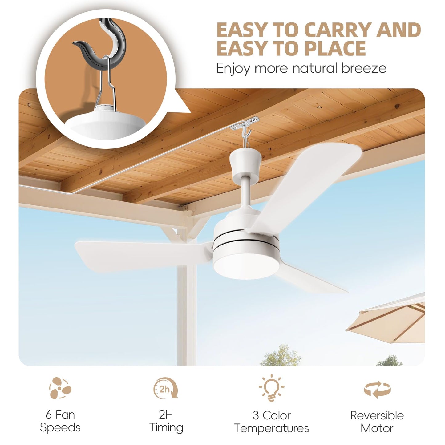 PBLALA Ceiling Fans with Lights,28" LED Fan Light Hanging with Hook,Hook Type Ceiling Fan,Plug in Ceiling Fan Light,35W,3000-6500k,Remote Control,Portable Fan for Camping Bed,Patios,(White)