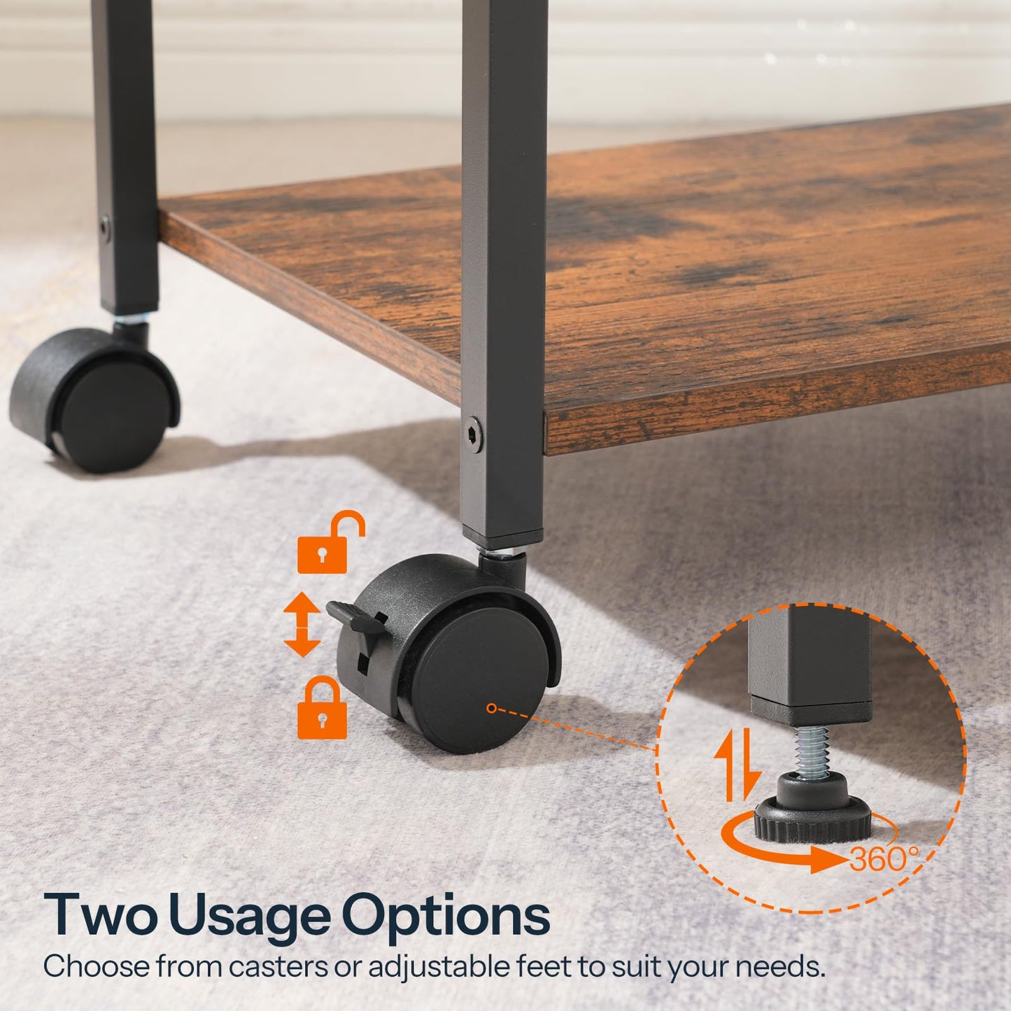 HOOBRO Computer Tower Stand, 3-Tier PC Tower Stand, PC Stand with Charging Station, Mobile CPU Stand Fits Most PC, Adjustable Shelf, for PC Tower, Printer, Home Office, Rustic Brown BF12UCJ01