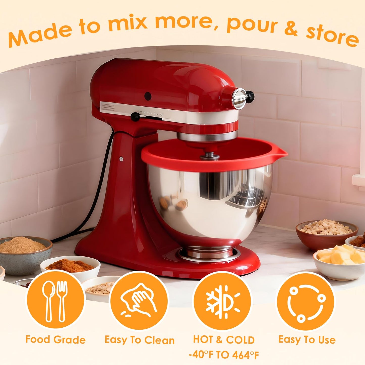 Ezato 4.5/5QT Silicone Bowl Liners for KitchenAid Tilt-Head Stand Mixer, 3 Liners with Lids, Dishwasher Safe, Odourless, Heat-Resistant Safe, Mixer Accessories and Attachments for KitchenAid