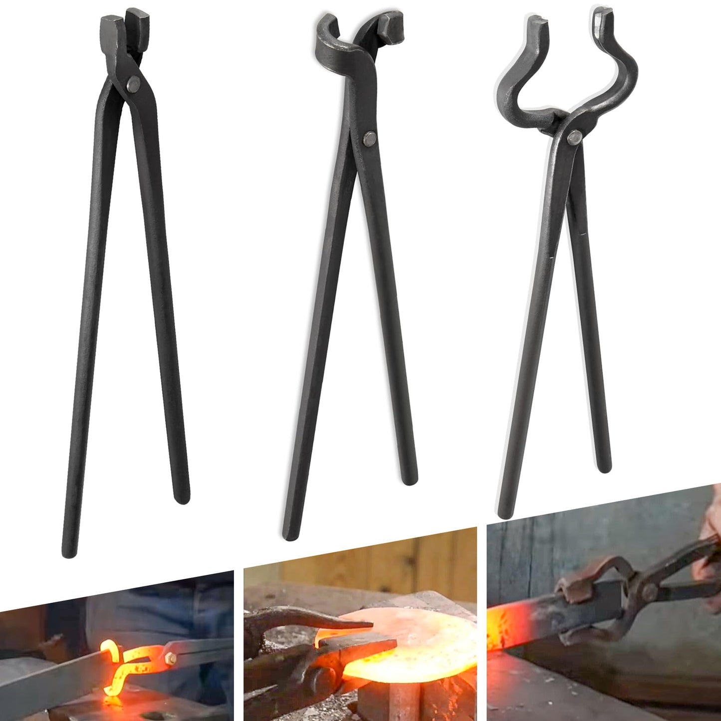V-SEK Blacksmith Tongs Set - V-Bit Blade, Flat, and Assembled Tongs for Knife Making, Blacksmithing, and Bladesmithing (3PCS Steel Forge Tongs)
