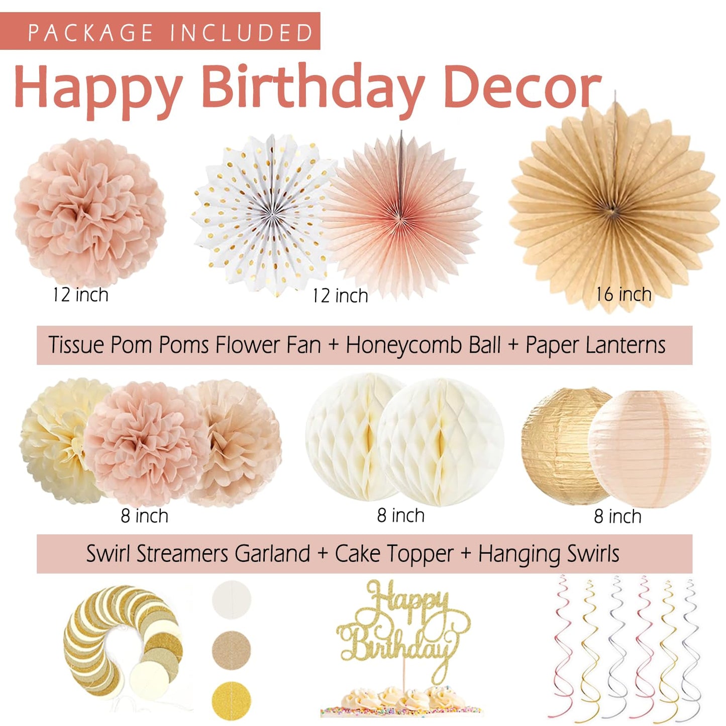 Champagne-Gold Beige Birthday Decorations for Women Girls,Cream Neutral Balloons Décor,Happy Banner,Boho Peach Paper Lanterns Tissue Pom Poms Fan,Anniversary Princess Backdrop Party Supplies