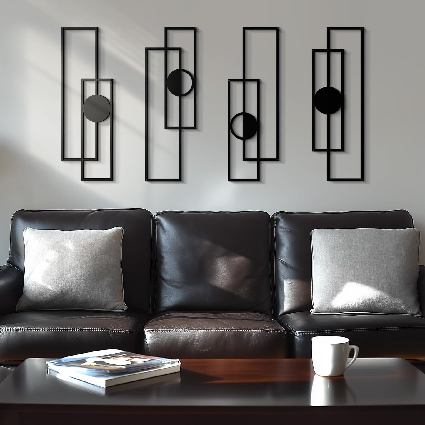 Abstract Black Metal Wall Art Set of 4, Large Modern Geometric Wall Decor with 3D Layered Design for Living Room, Bedroom, Bathroom, Hallway, Minimalist Wall Sculptures