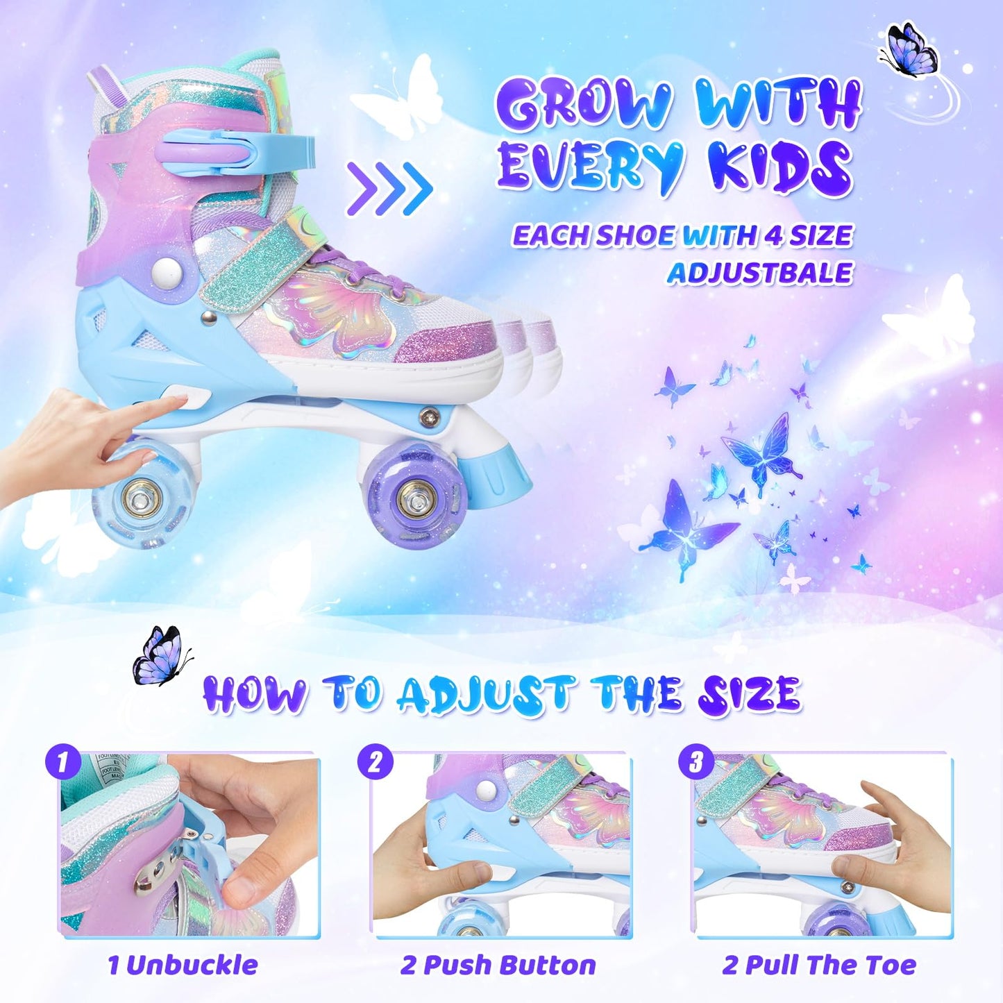MammyGol Kids Roller Skates for Girls or Boys, 4 Size Adjustable Roller Skates for Children with Beautiful Butterflies, Beginner Kids Light up Roller Quad Skates Indoor Outdoor (Purple)
