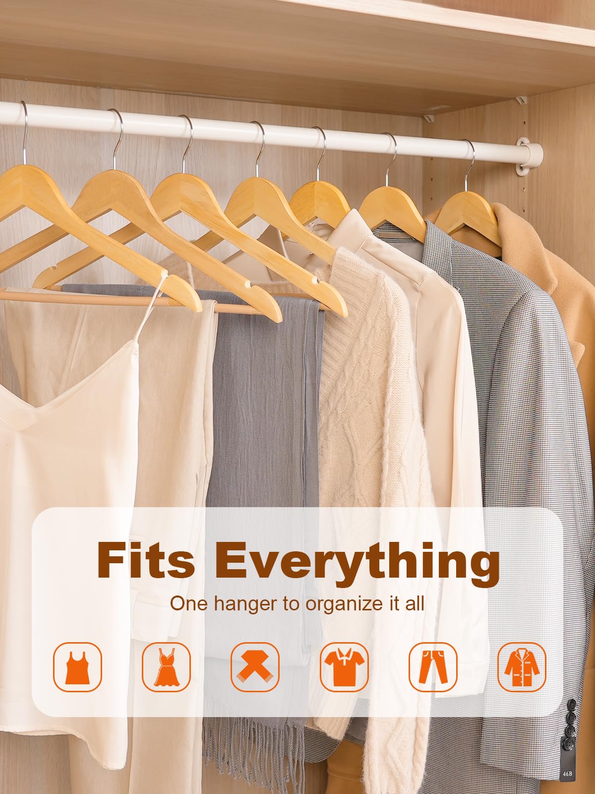HOUSE DAY Wooden Hangers 30 Pack, Solid Wood Clothes Hangers with Non Slip Pant Bar, Heavy Duty Wooden Coat Hanger for Closet, Smooth Finish Wood Hangers for Shirts, Suits Jackets, Dress, Natural