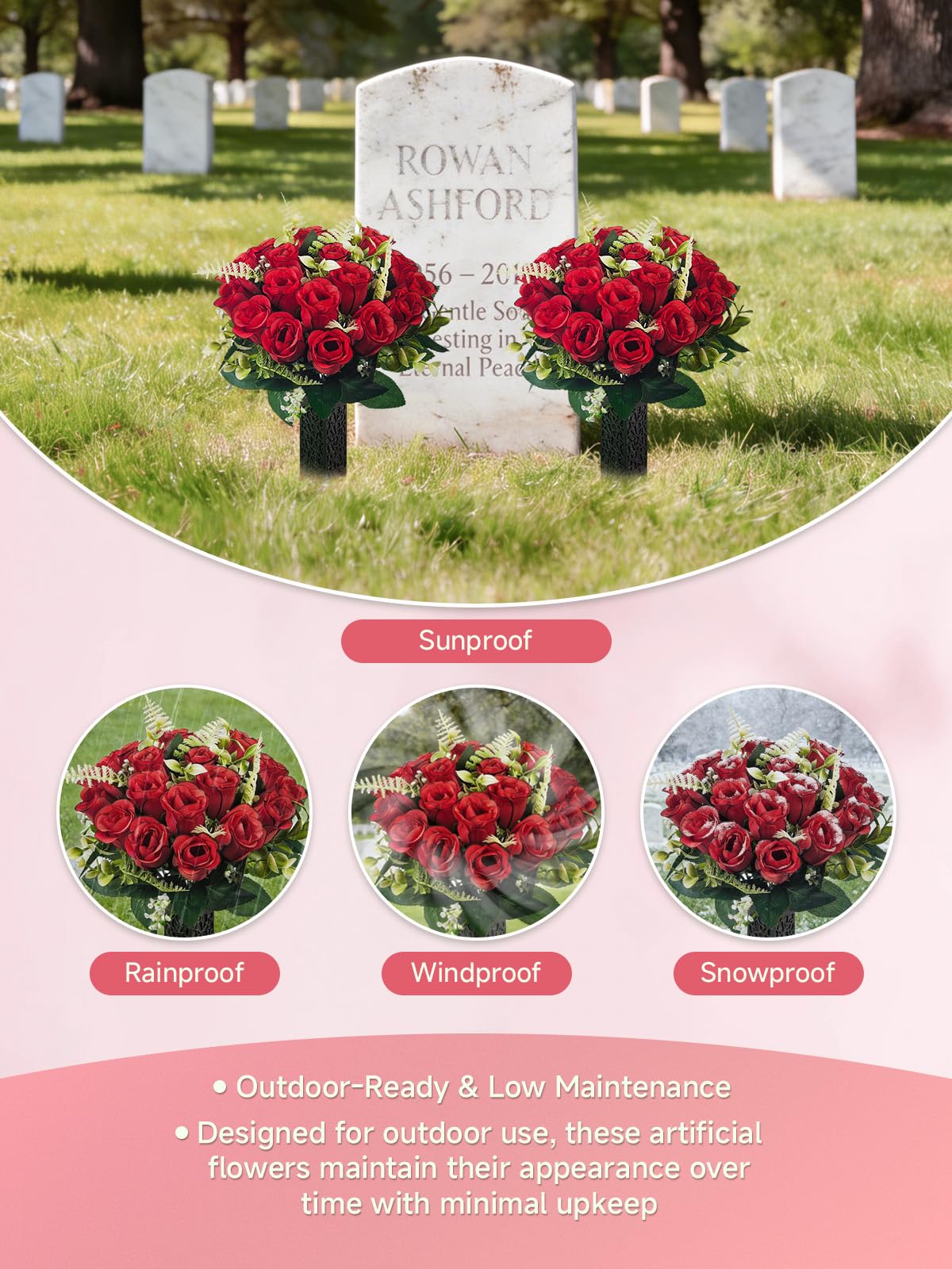 2 Pack Cemetery Flowers for Grave with Spiked Vases, 18-Stem Red Artificial Rose Bouquets with Flag, Non-Bleeding & Wind-Resistant All-Weather Memorial Decorations for Headstones