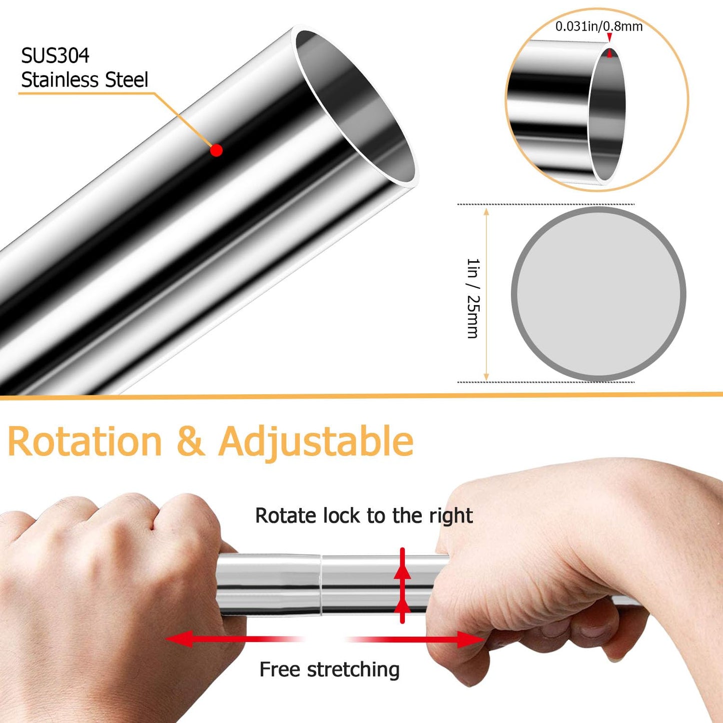 L Shaped Shower Curtain Rod, Adjustable (23.6"-52.4" x 23.6"-52.4"), Corner Shower Curtain Rod, Genuine 304 Stainless Steel, Unsagging, Drill-Free, 90° Corner Design, Includes 12 Shower Curtain Rings