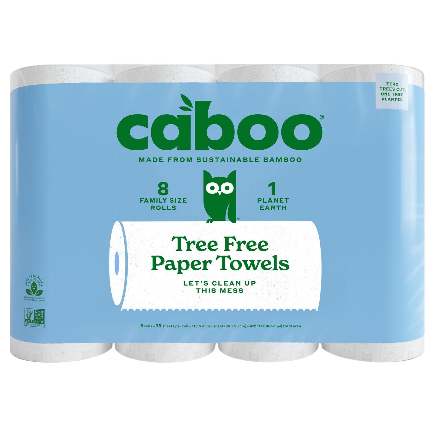 Caboo Tree Free Paper Towels, 8 Rolls, Earth Friendly Sustainable Kitchen Paper Towels with Strong 2 Ply