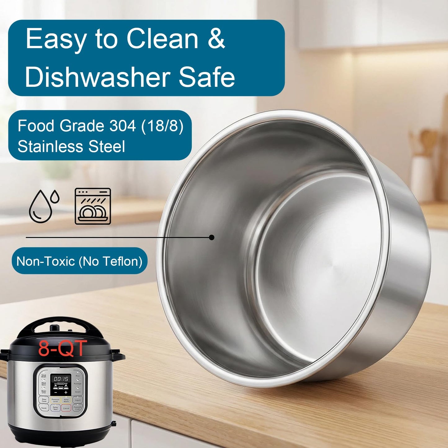 Replacement Pot for Instant Pot 8-Qt, 304 (18/8) Stainless Steel Inner Pot for Instant Pot 8-Quart, Upgrade Insert for Instantpot, Liner for Insta Pot 8 Qt with Thick Bottom, Non-Toxic (No Teflon)