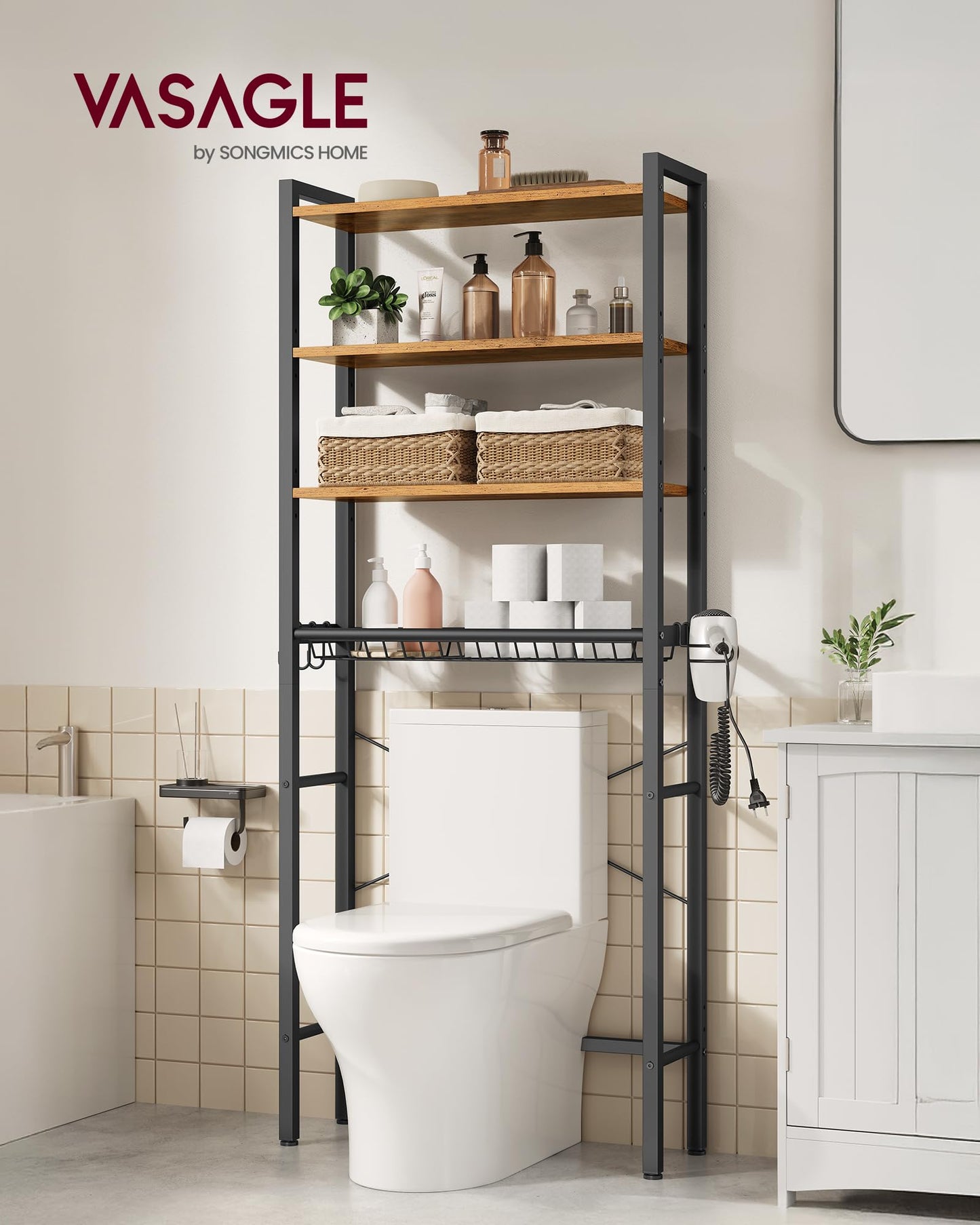 VASAGLE BARNET Collection - Over the Toilet Storage, Over Toilet Bathroom Organizer with Adjustable Shelves and Basket, 3 Hooks, Space Saving, 9.4 x 23.6 x 68.1 Inches, Rustic Brown UBTS114KD01S