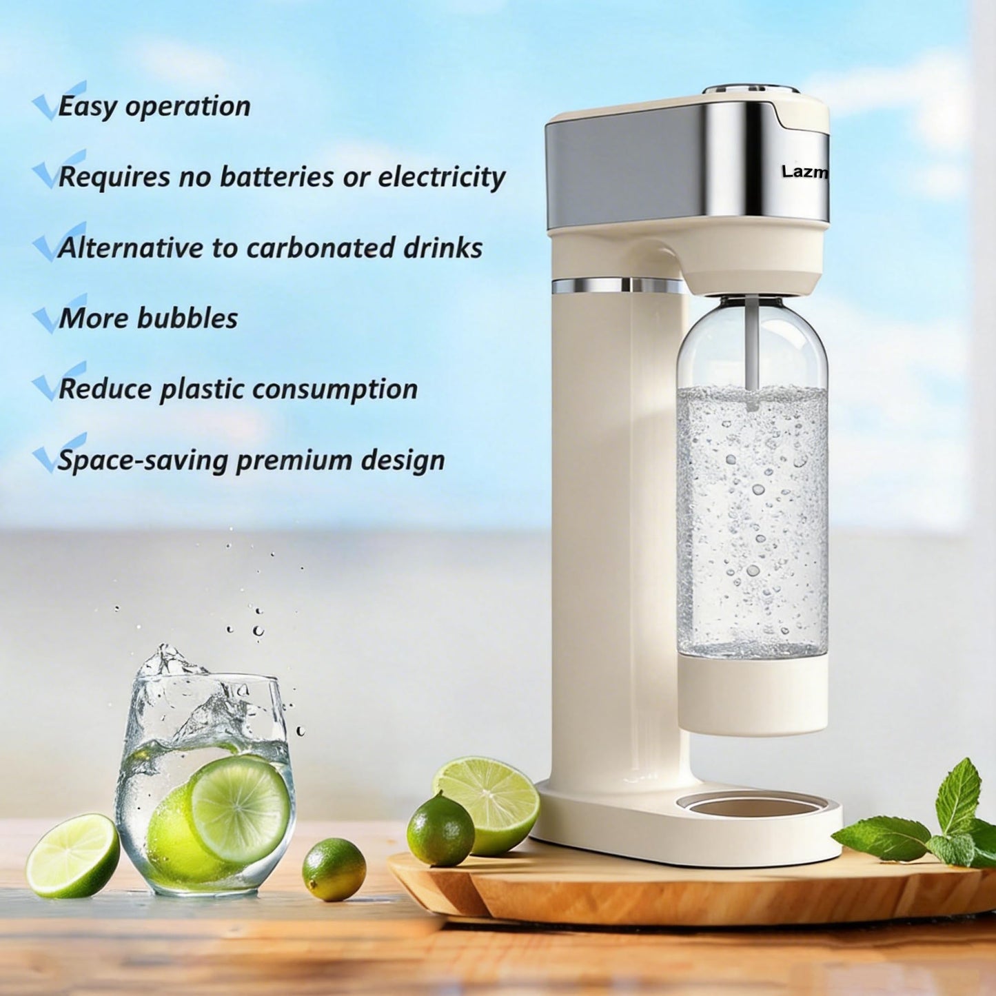 Sparkling Water Maker for Home, Soda Streaming Maker with 2 BPA free Bottles(1L + 0.5L) Carbonated Water Seltzer Fizzy Drink Machine, Compatible with Screw-in 60L CO2 Carbonator(NOT Included) (Cream)