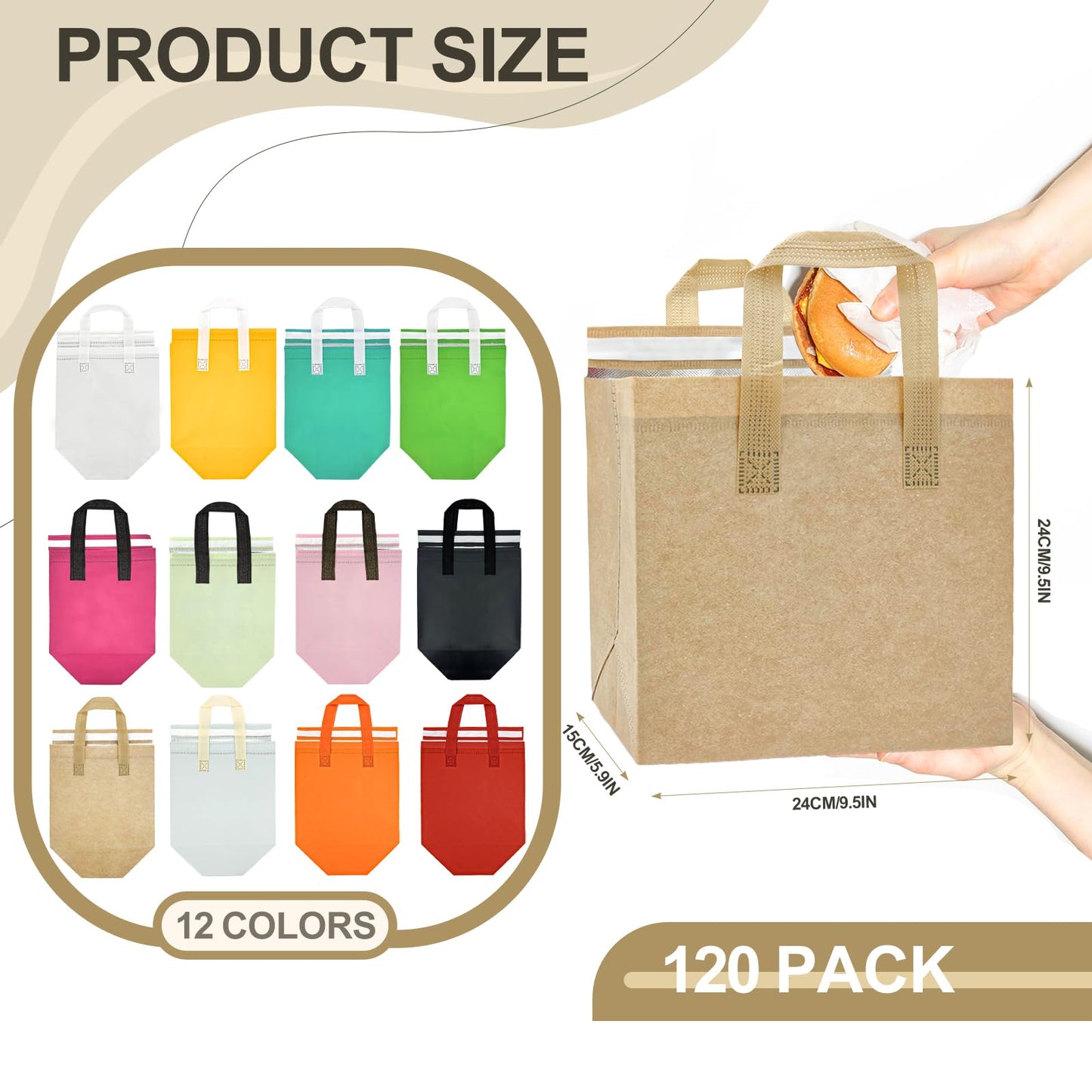 120 Pcs Insulated Take Out Bags Bulk in Thermal Insulation Lunch Bag for Hot Cold Food Pizza Coffee Milk Tea Delivery Cooler Bag for Catering Restaurant Picnic (9.5 x 9.5 x 6 in) (120, 24x24x15)