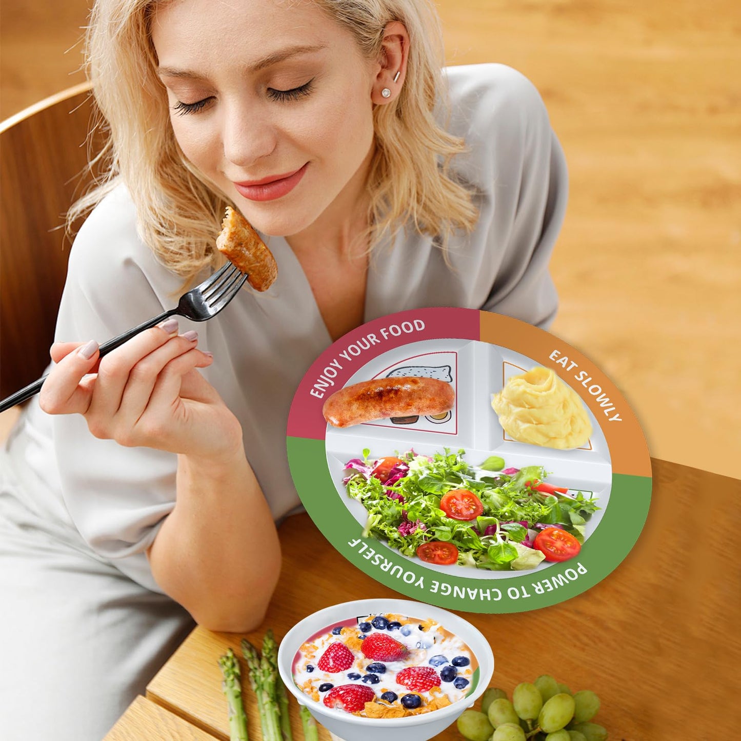 VIYNRAN 4 Pcs Portion Control Plates & Bowls Set (9 Inch), Self-Measuring for Weight Loss, Gastric Bypass, LapBand, Diabetes, & Healthy Diets, Divided Nutrition Plates for Adults & Children