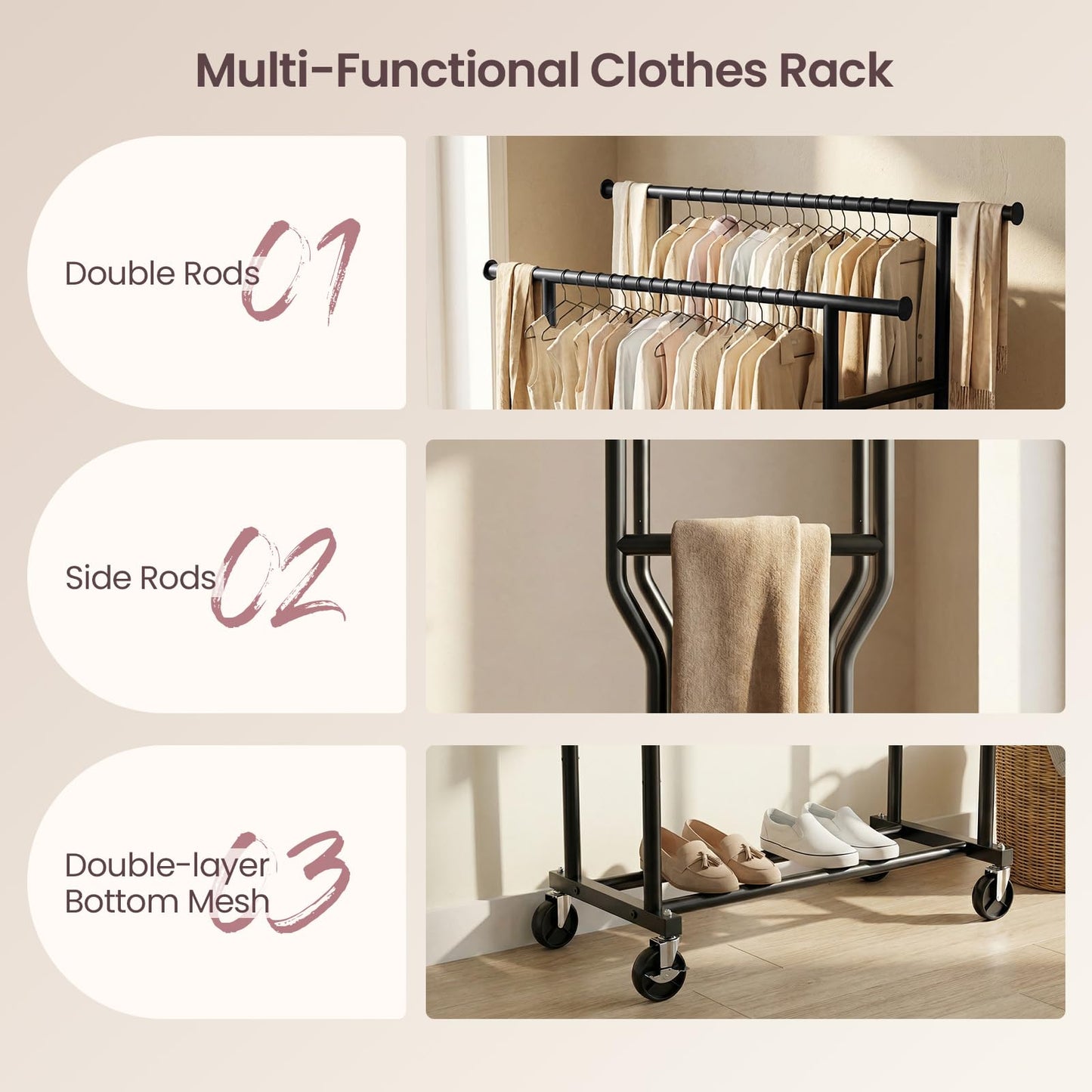 WATIOWL Clothes Rack, Double Rods Rolling Clothing Rack for Hanging Clothes Load 260 LBS Closet Rack with Wheels, Metal Portable Garment Rack for Bedroom Laundry Living Room, Black