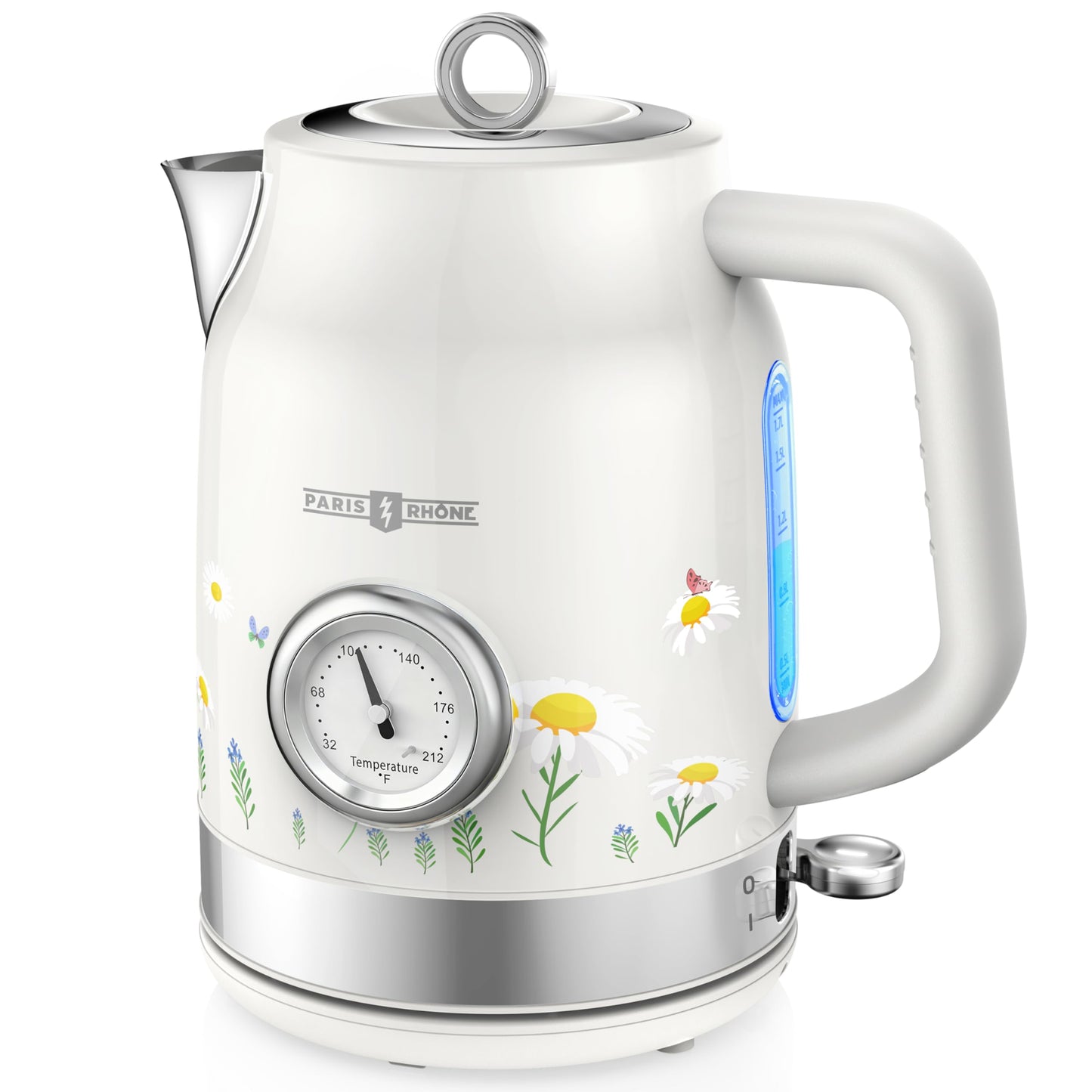 PARIS RHÔNE Retro Stainless Steel Electric Kettle, 1.7L Cordless Hot Water Tea Kettle with Thermometer, 1500W Fast Heating, LED Indicator, Auto Shut-Off & Boil Dry Protection
