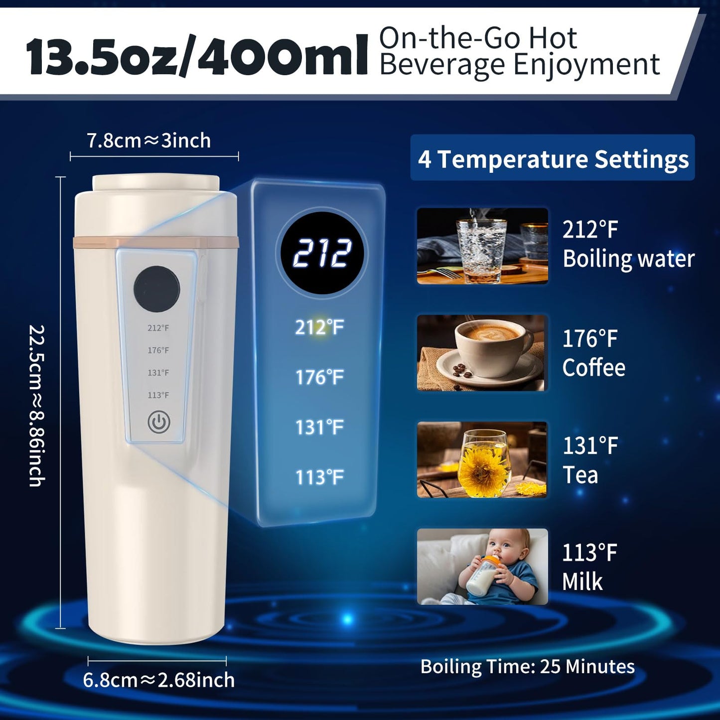 Car Electric Kettle 12V/24V Dual Voltage, Portable Travel Electric Kettle for Road Trips, Mini Small Water Boiler with 4 Temp Control, 316 Stainless Steel,16oz(Beige)