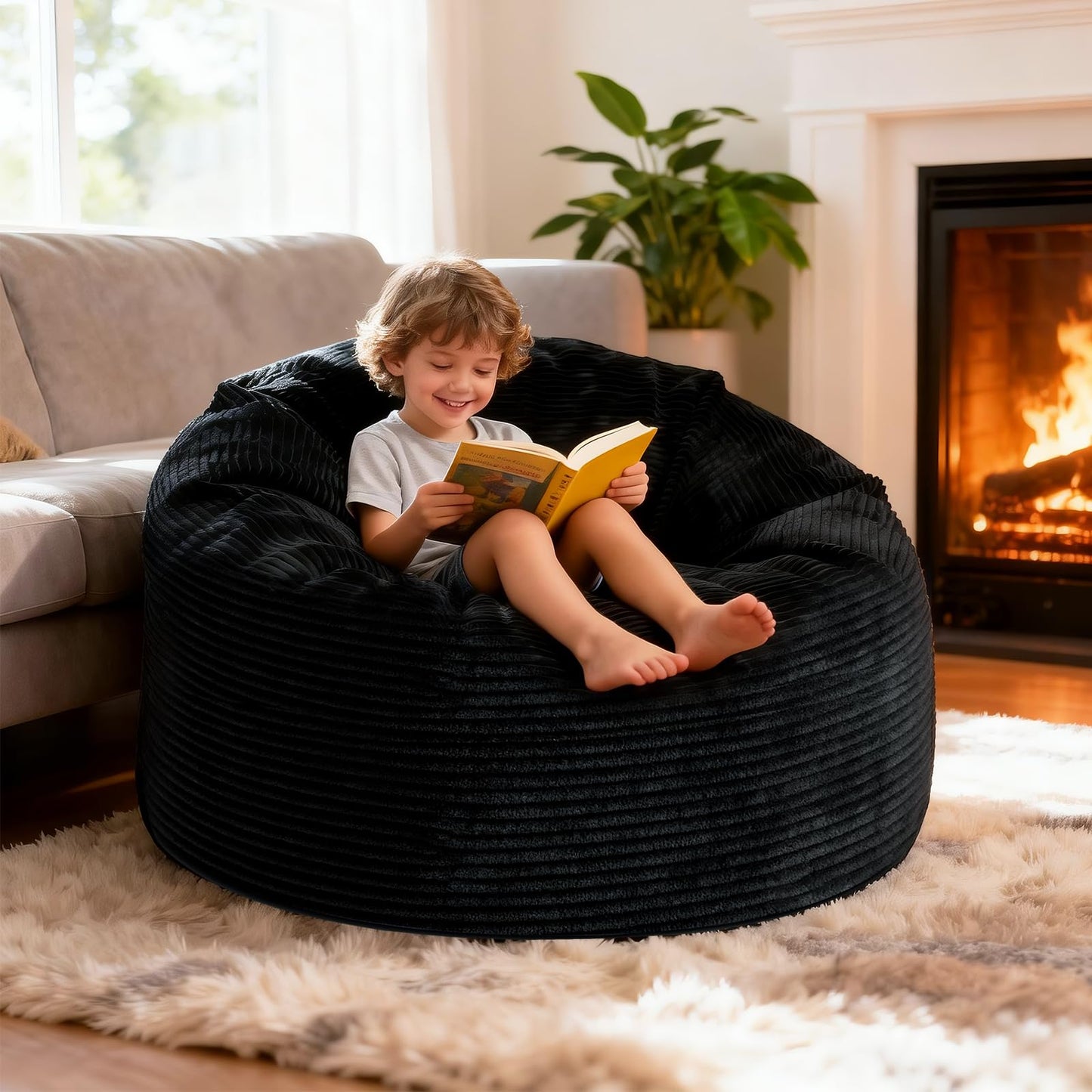 Yagamo Bean Bag Chairs for Teens, 3FT Bean Bag with Memory Foam Filling, Bean Bag Chairs with Plush Microfiber Removable Cover, Cozy Sofa for Reading, Gaming- Black