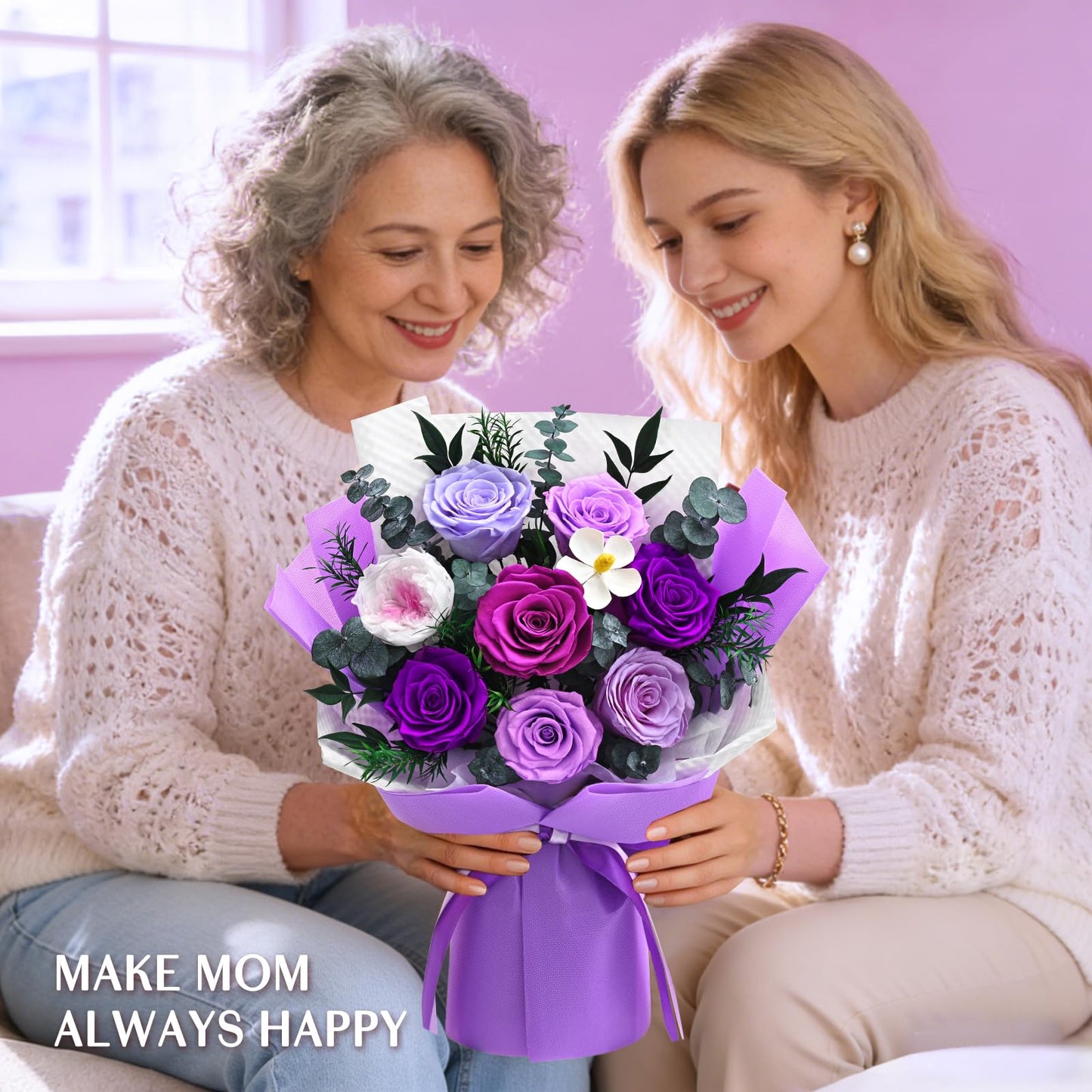 Forever Rose Flowers for Delivery, 8-Piece Preserved Roses Bouquet for Mothers Day Gifts, Long Lasting Purple Roses with Gift Box for Mom, Forever Flowers with Vase Birthday Gift for Her Wife