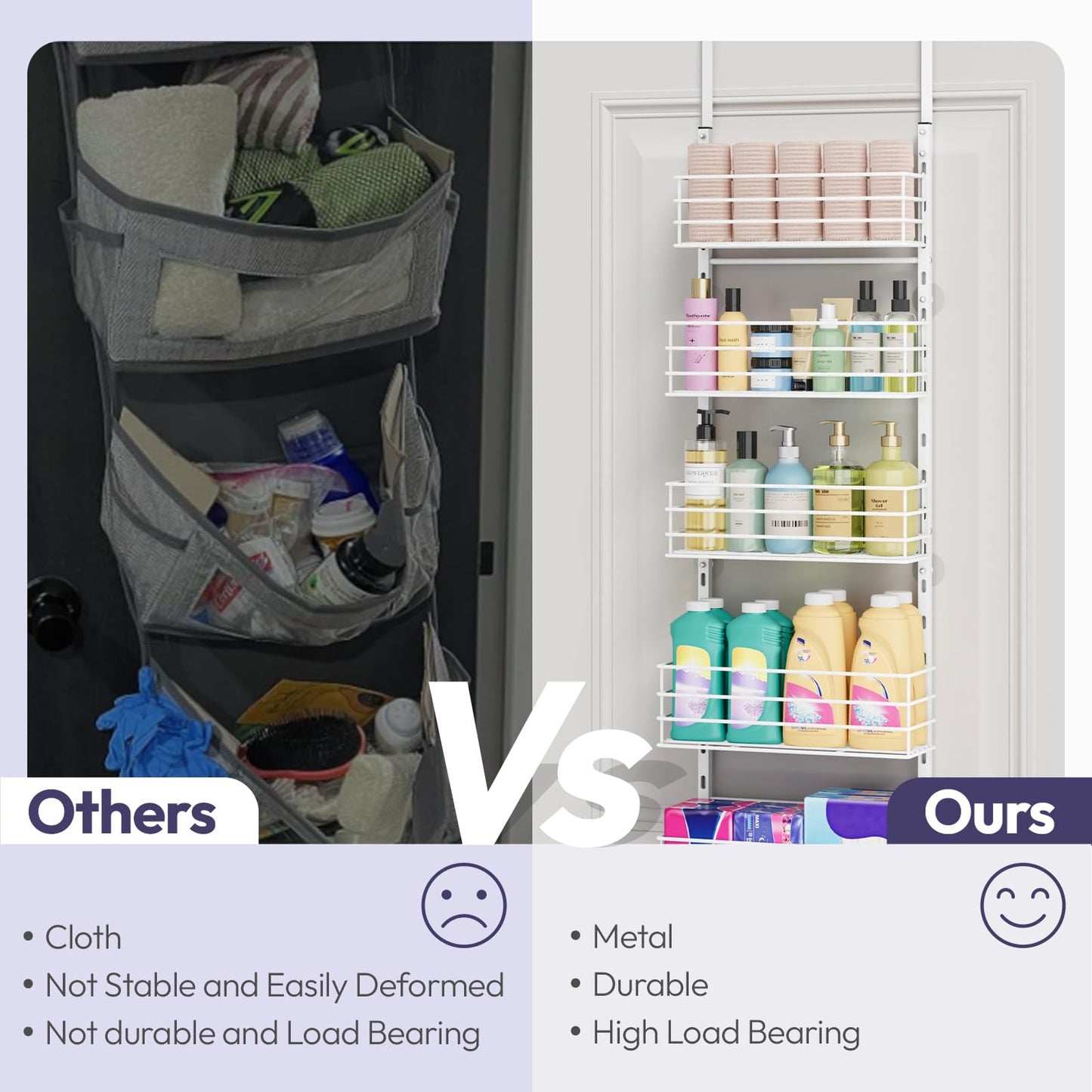 SWTYMIKI Over The Door Organizer - Door Organizer Hanging with 5 Adjustable Metal Large Capacity Basket and 6 Coat Hook, Wall Mounted Shelves for Bedroom Closet Bathroom Laundry Pantry Kitchen