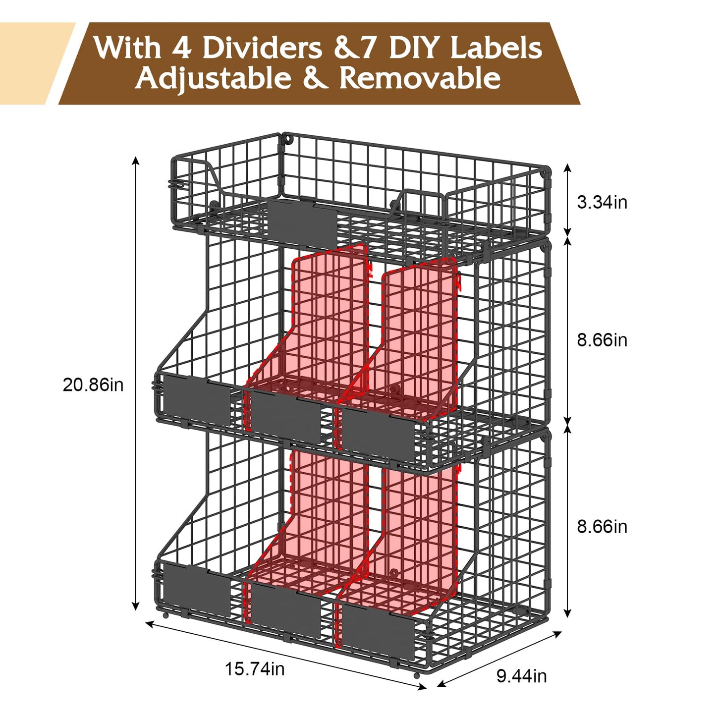 X-cosrack Egg Holder Countertop, 3 Tier Egg Rack with Labels Dividers to Separate Eggs, Stackable Wire Baskets for Fresh Egg, XXL Egg Dispenser for Countertop/Wall-Mounted (Patent Pending)