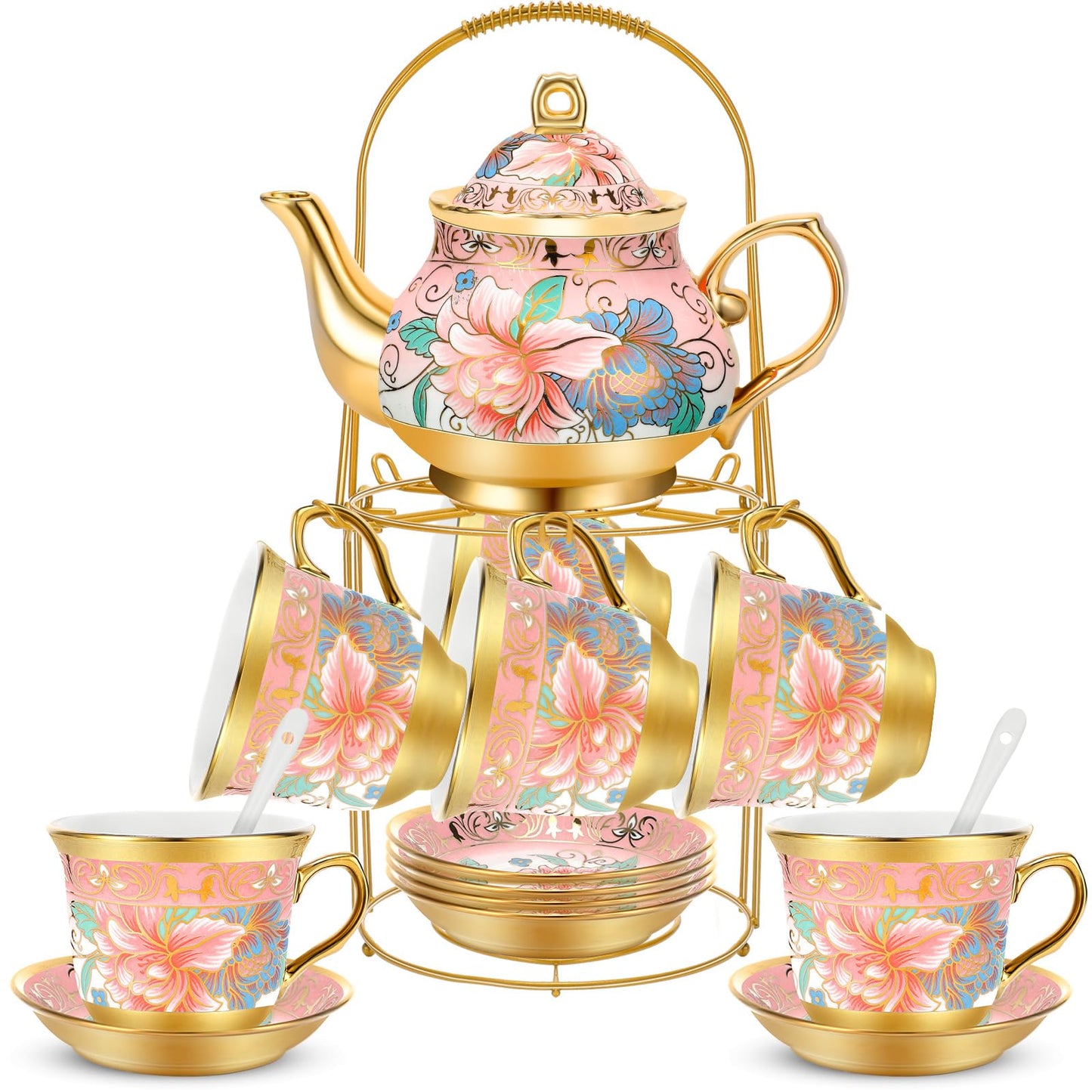 Gandeer 20 Pcs Porcelain Tea Set for Adults with Metal Holder and Spoon European Ceramic Tea Party Set Flower Painting Teapot Cup Saucer for Women Gift, Serving 6 People(Fresh)