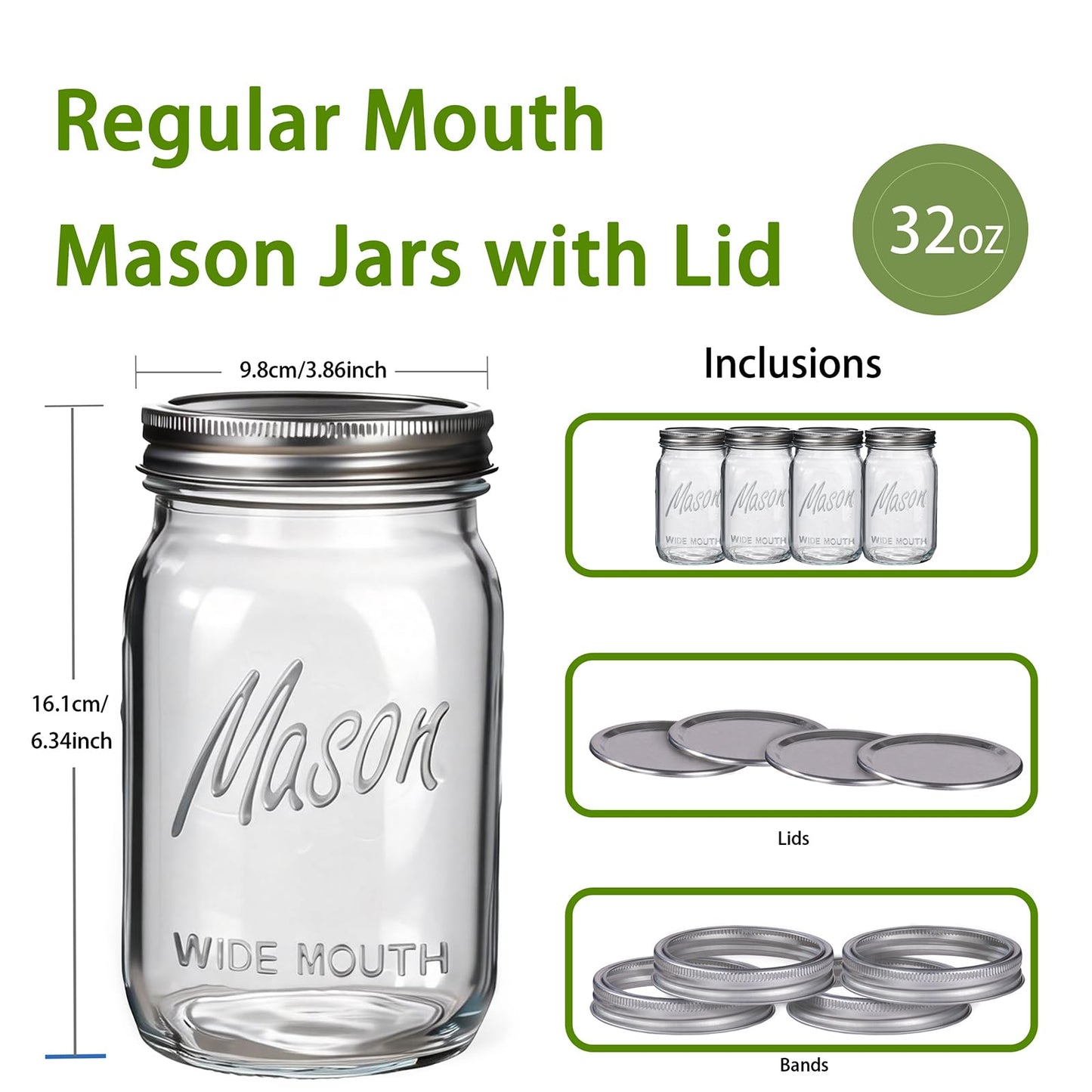 Rubtlamp Clear Mason jar 32 oz, 12 Pack Glass Jars - Wide Mouth Mason Jars with Airtight Lids for Pickling, Fermenting, Food Storage&DIY Crafts, Microwave & Dishwasher Safe